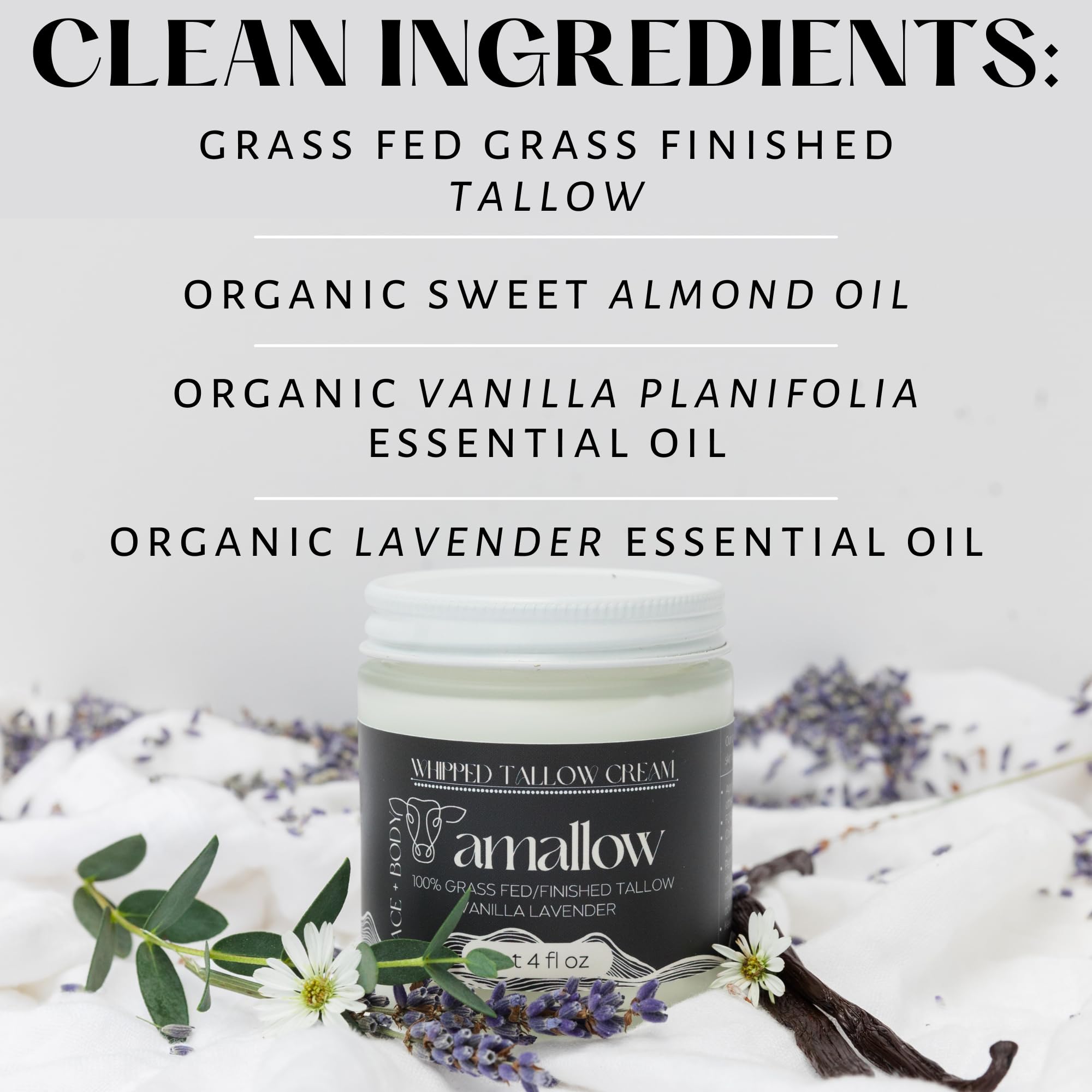 Amallow 100% Grass Fed Beef Tallow for Skin Care - Face + Body - Whipped Moisturizer - Natural Lotion, 4 FL. oz. (Vanilla Lavender)