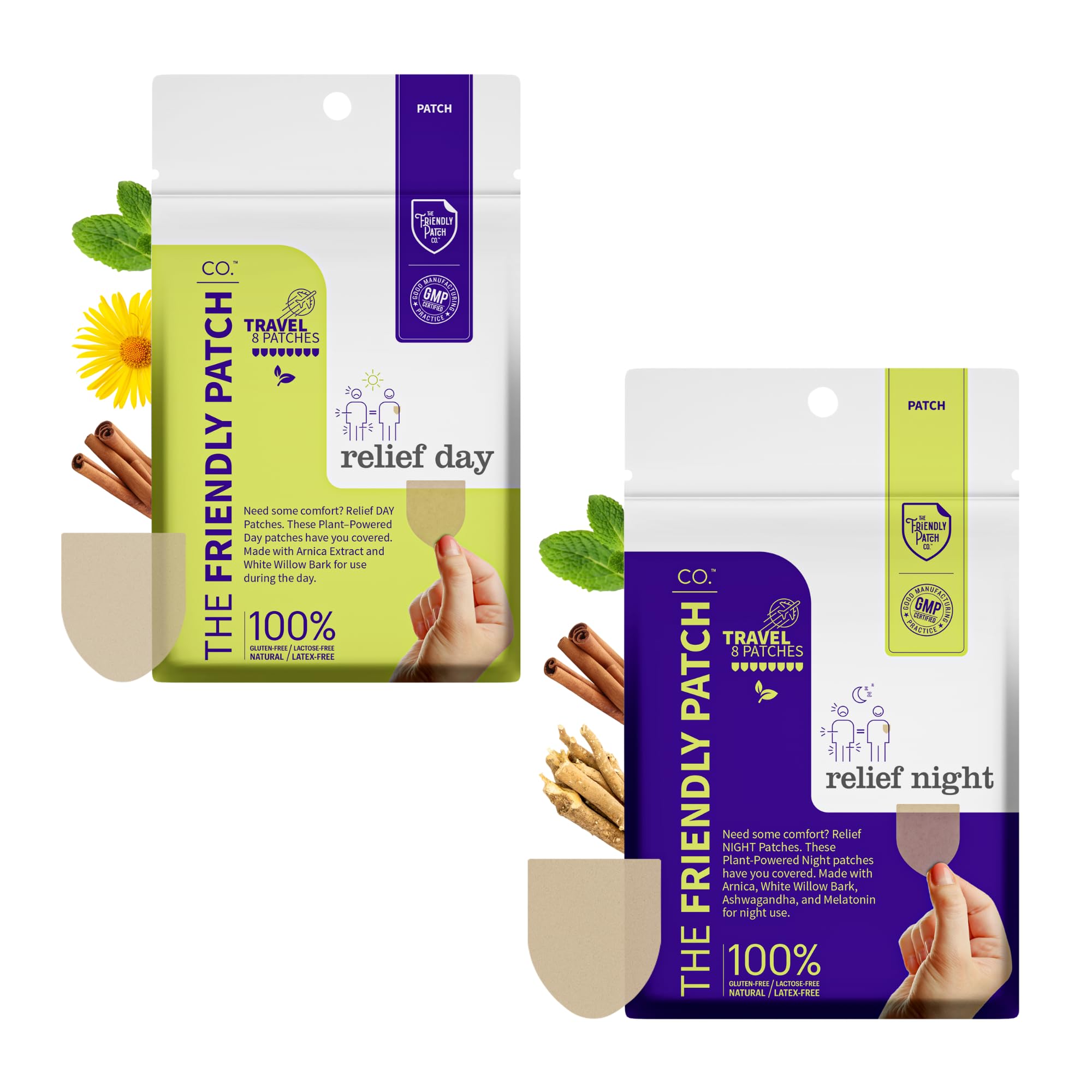 Relief Day & Night Patch Bundle - Arnica, White Willow Bark, Melatonin, Ashwagandha, Saffron & Peppermint for Soreness, Discomfort & Sleep Support for Women and Men - 16 Plant-Powered Patches The Friendly Patch CO. Au supplements