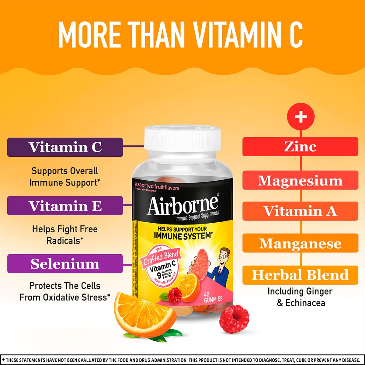 Airborne 750mg Vitamin C Immune Support Supplement Gummies for Adults, Assorted Fruit Flavor, Gluten Free Crafted Blend with Powerful Antioxidants Vitamins A C & E, 42 Gummies (2 Pack) Airborne Au supplements