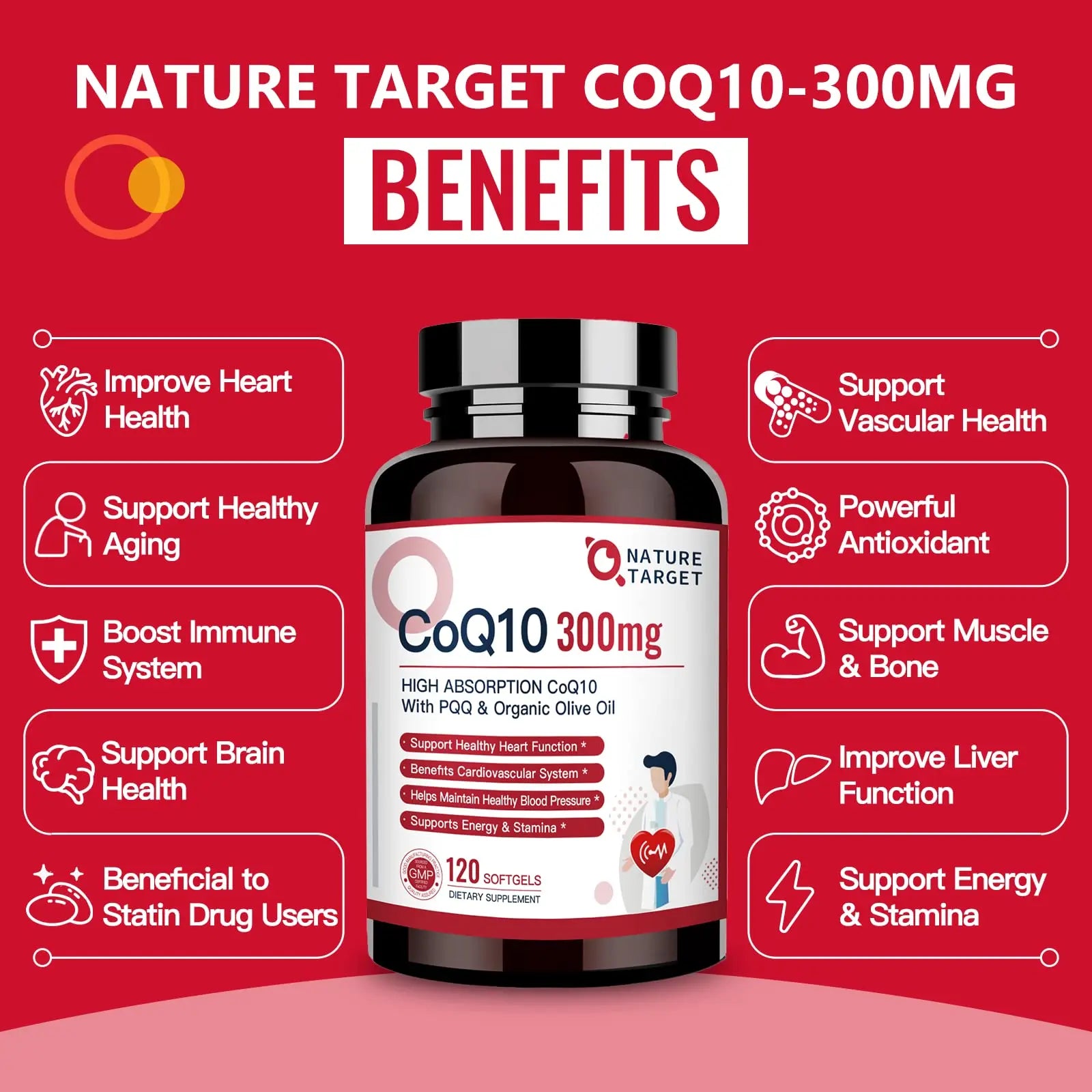 NATURE TARGET CoQ10-300mg-Softgels + PQQ with Organic-Olive-Oil - High Absorption NATURE TARGET Au supplements