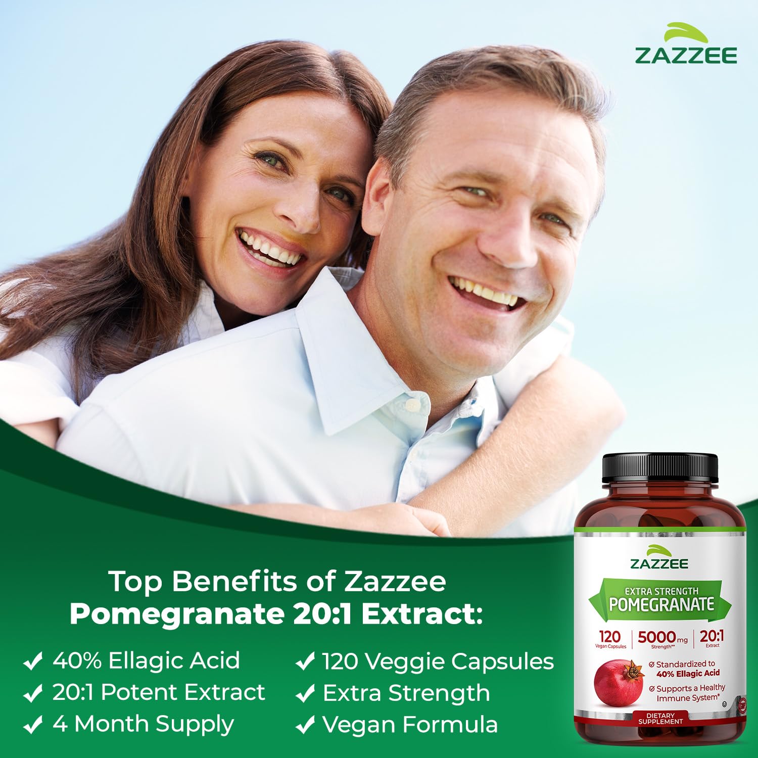 Zazzee Extra Strength Pomegranate 20:1 Extract, 40% Ellagic Acid, 120 Vegan Capsules, 4 Month Supply, Punica Granatum, Antioxidant & Cellular Health Support, Non-GMO, Made in the USA Zazzee Au supplements