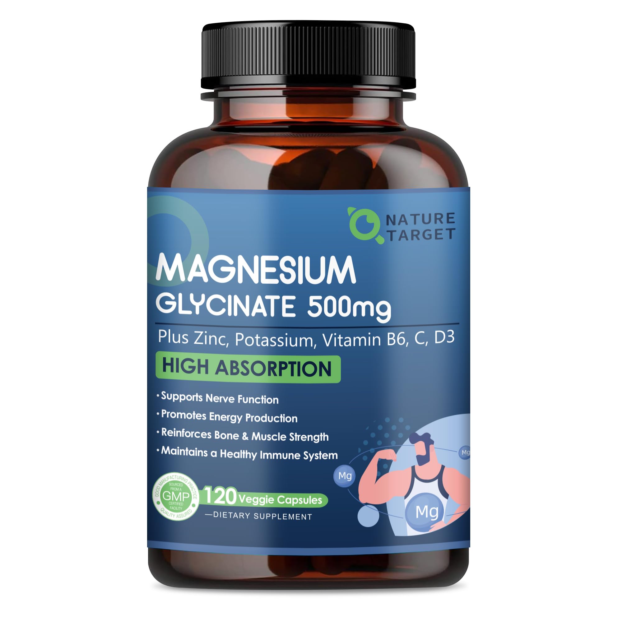 NATURE TARGET Magnesium Glycinate 500mg, Chelated Magnesium with Zinc & Vitamin D3 for Muscle, Nerve & Bone, Support Heart Health & Leg Cramp, Strength Immune System - 120 Capsules NATURE TARGET Au supplements