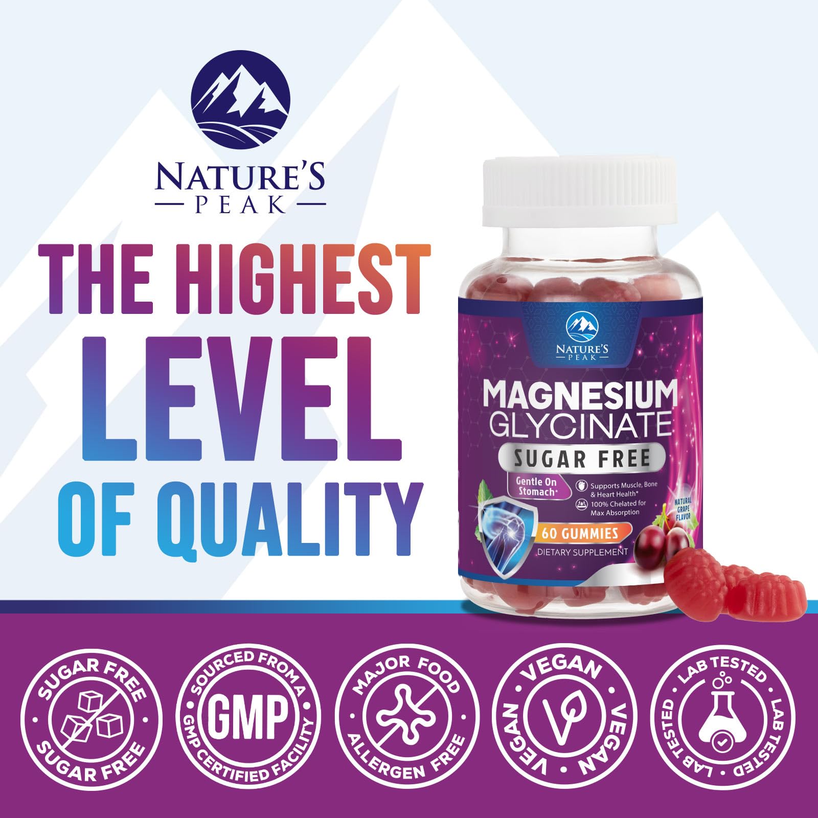Magnesium Glycinate Gummies - Sugar Free - 100% Chelated Magnesium Gummy Supplement for Max Absorption - for Sleep Support & Heart, Muscle & Bone Health - Gentle on Stomach, Grape Flavor - 60 Gummies Nature's Peak Au supplements