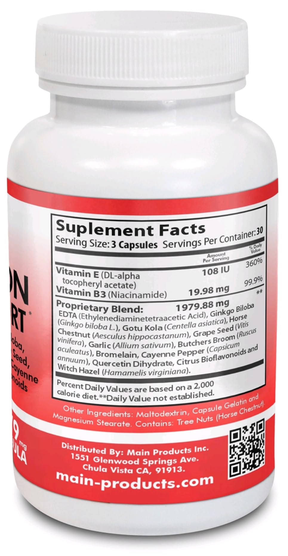 Circulation & Vein Support Supplement - Vitamins E & B3, Ginkgo Biloba, Horse Chestnut, Gotu Kola, Grape Seed, Butcher's Broom & Citrus Bioflavonoids - 1979 mg Formula - 90 Capsules - 30 Days Supply. Main Products Au supplements