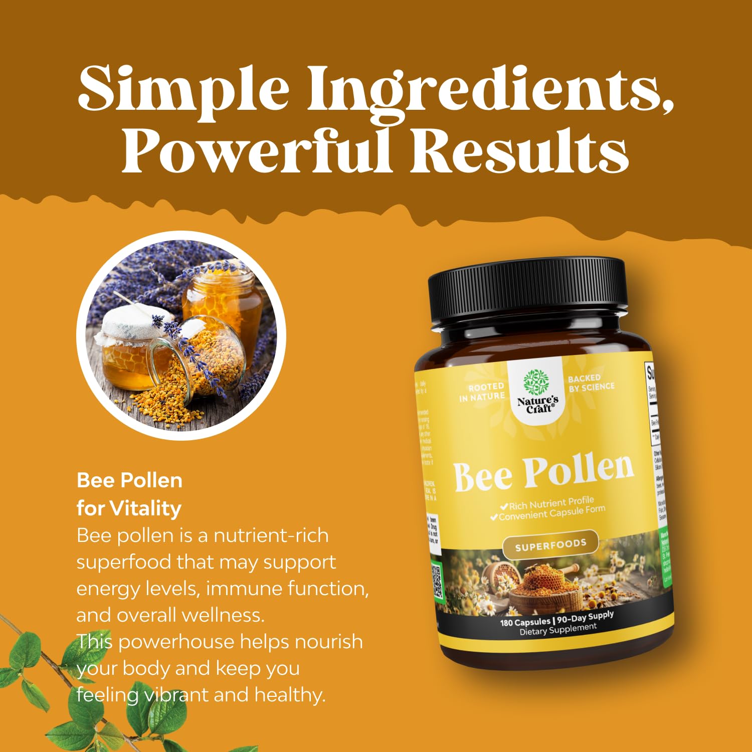 Bee Pollen Pills for Breast Growth 180 Ct - Bee Pollen Supplement 1000mg Serving with Naturally Occurring B Vitamins Minerals & Enzymes - Breast Support Supplement - Vegetarian Non-GMO & Gluten Free Natures Craft Au supplements