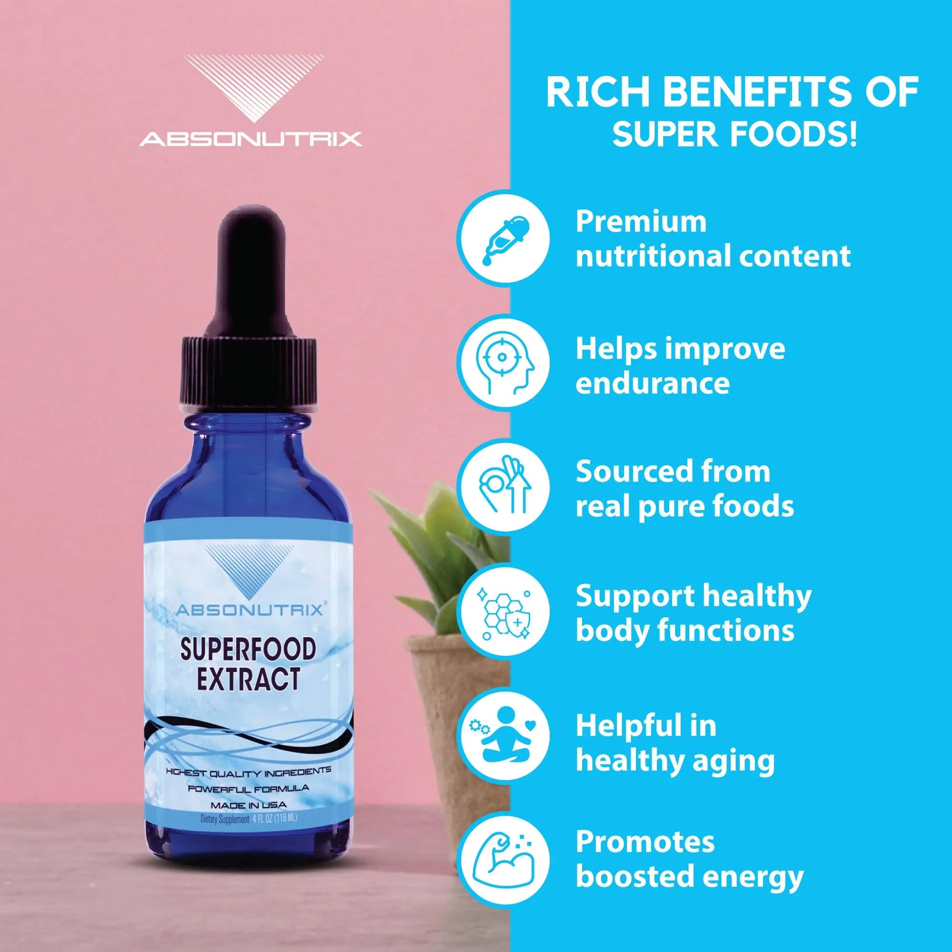Absonutrix Superfood Extract 390 mg, 4 Oz Liquid, 302 Servings, Made in USA, Quick Absorption, Quality Potent Ingredients, Non-GMO, GMP Certified, Cruelty-Free Products Absonutrix Au supplements