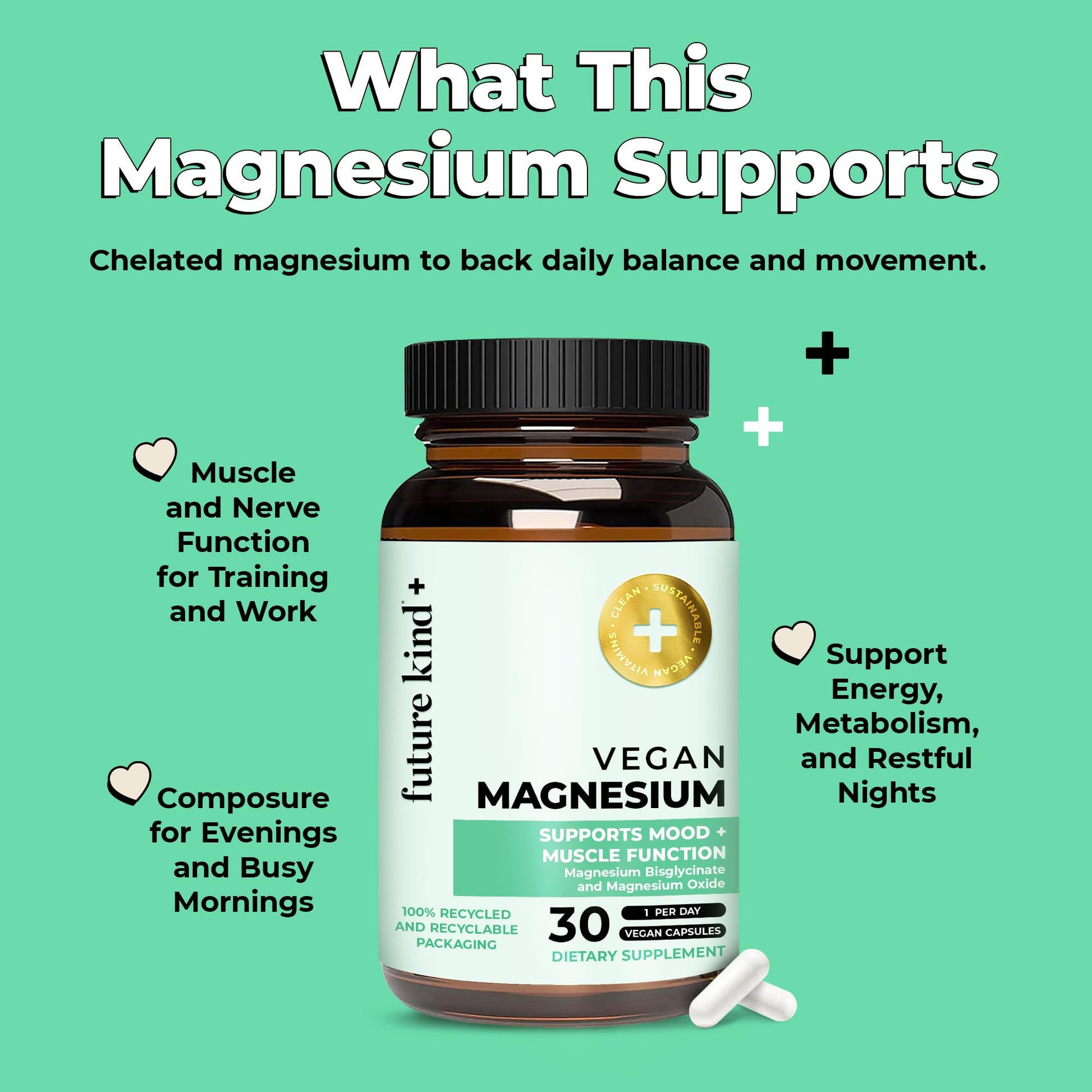 Future Kind Magnesium Glycinate, Supports Muscle and Nerve Function, High Absorption Chelated Magnesium Supplement, Nightly Calm, Energy & Metabolism, Highly Bioavailable & Potent - 30 Vegan Capsules Future Kind Au supplements