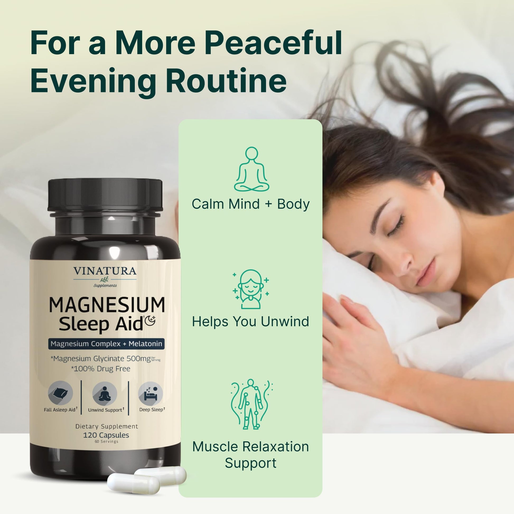 Magnesium Sleep Aid - Magnesium Glycinate Complex for Sleep with Melatonin Supplement - Glycinate 500mg, L-Theanine - 120 Capsules VINATURA Au supplements