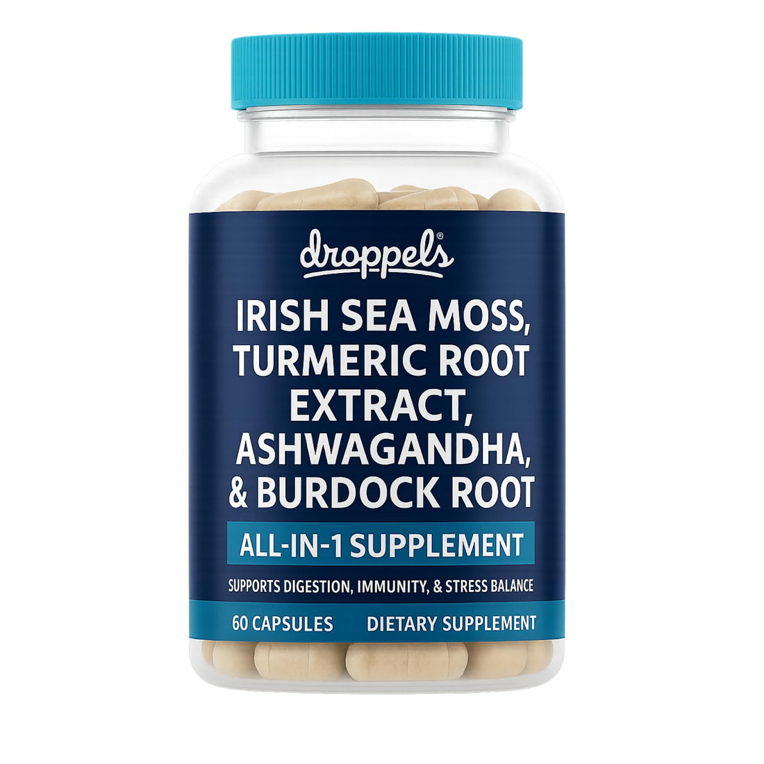 Droppels Irish Sea Moss Capsules with Turmeric Root, Ashwagandha, Black Pepper & Burdock Root – Natural Mineral Blend for Immune, Digestion, Joint & Energy Support – Vegan, Non-GMO – 60 Capsules Droppels Au supplements
