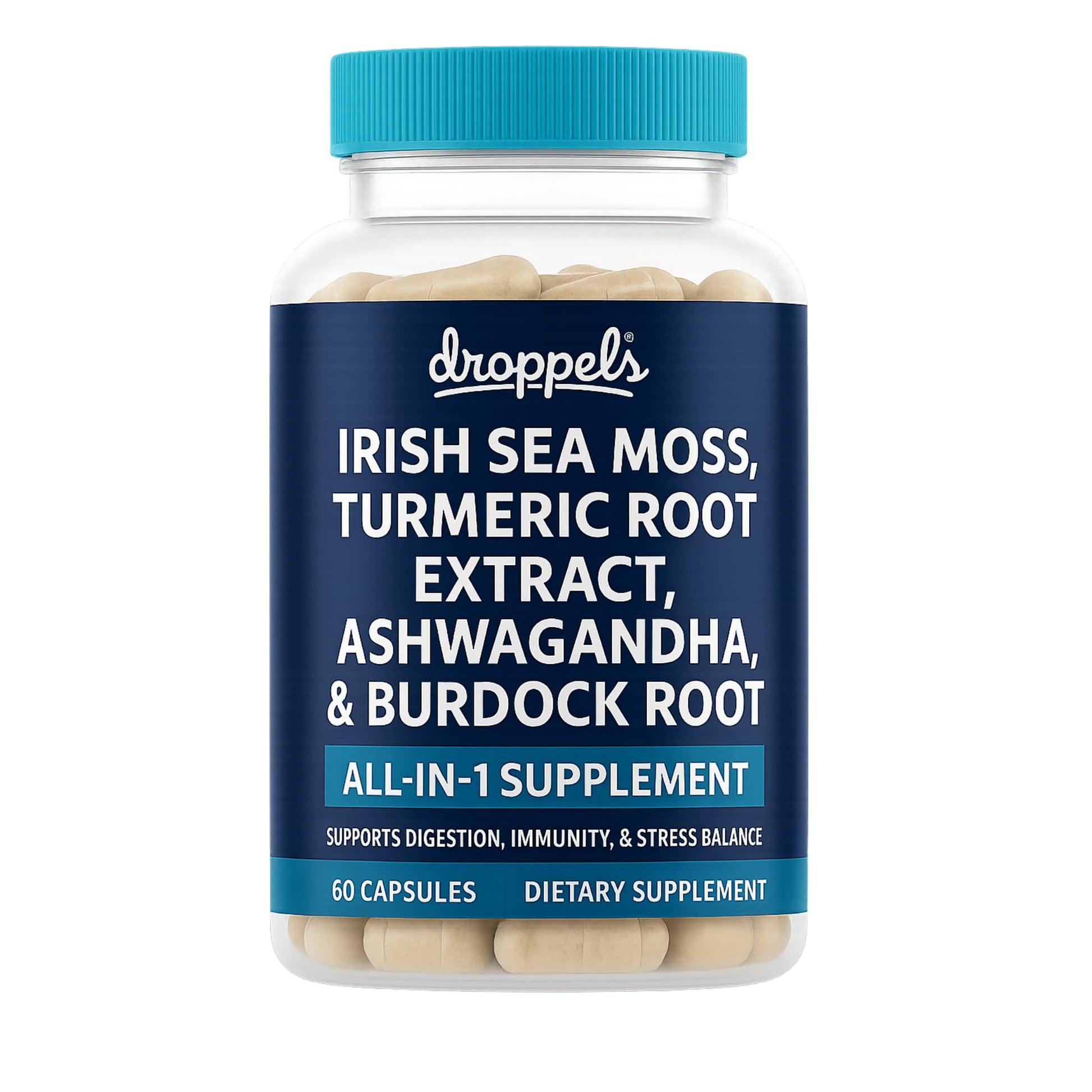 Droppels Irish Sea Moss Capsules with Turmeric Root, Ashwagandha, Black Pepper & Burdock Root – Natural Mineral Blend for Immune, Digestion, Joint & Energy Support – Vegan, Non-GMO – 60 Capsules Droppels Au supplements