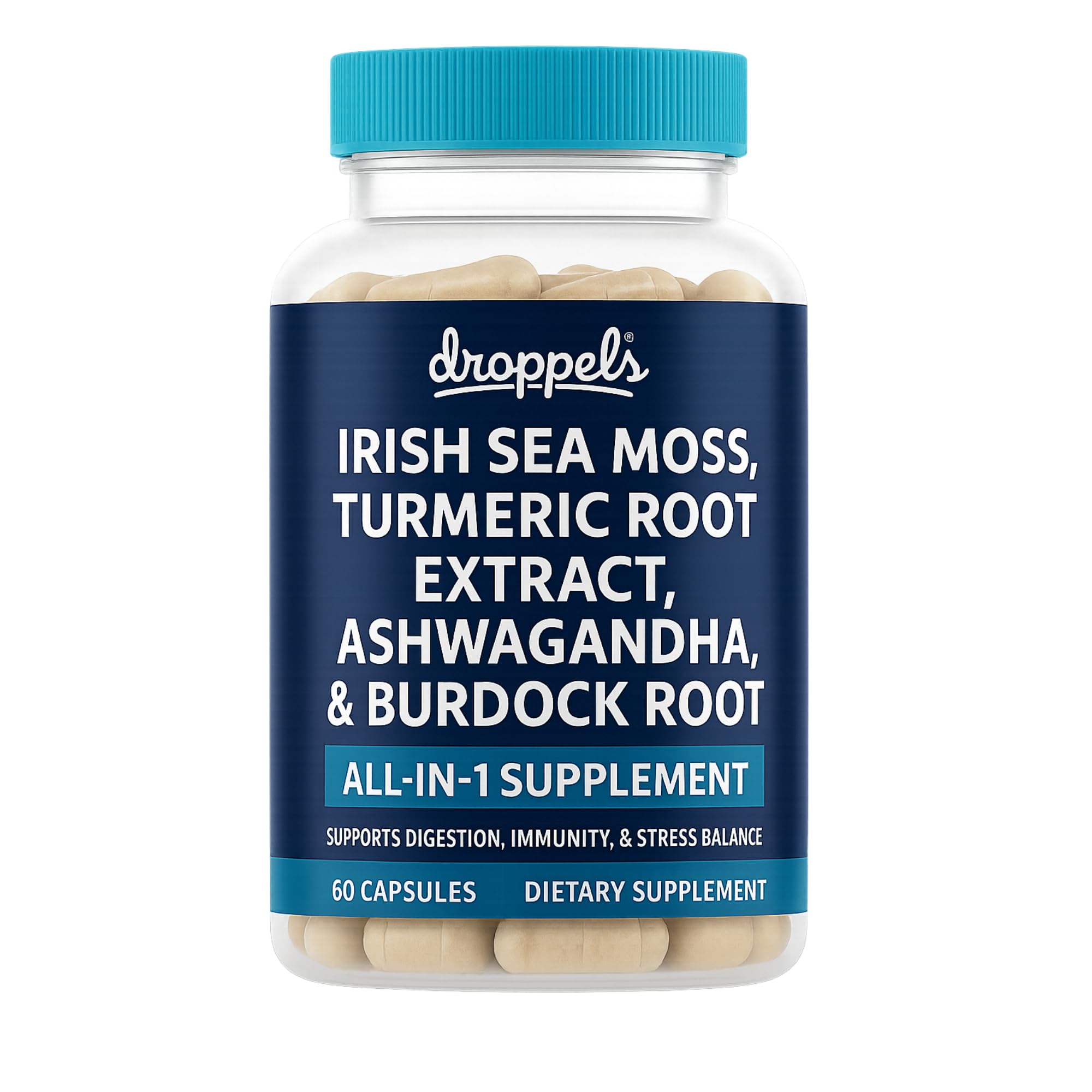 Droppels Irish Sea Moss Capsules with Turmeric Root, Ashwagandha, Black Pepper & Burdock Root – Natural Mineral Blend for Immune, Digestion, Joint & Energy Support – Vegan, Non-GMO – 60 Capsules Droppels Au supplements