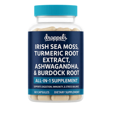 Droppels Irish Sea Moss Capsules with Turmeric Root, Ashwagandha, Black Pepper & Burdock Root – Natural Mineral Blend for Immune, Digestion, Joint & Energy Support – Vegan, Non-GMO – 60 Capsules Droppels Au supplements