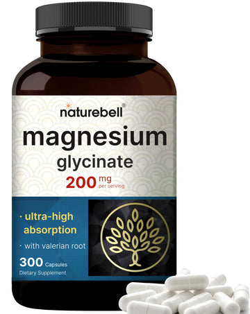 Pure Magnesium Glycinate for Sleep, 200mg with Valerian Root, 300 Capsules | 100% Chelated & Purified Mineral Supplement – Ultra High Absorption – Non-GMO, Gluten Free NatureBell Au supplements