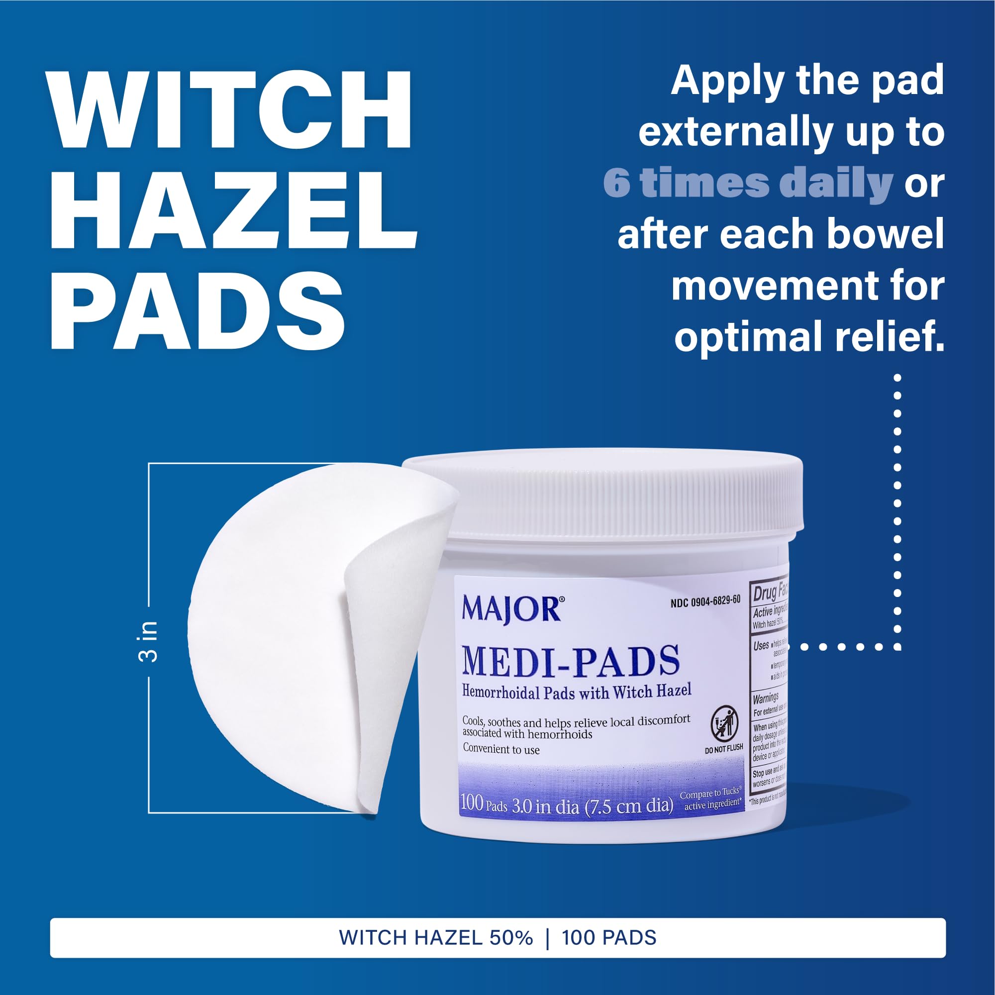 MAJOR Medi-Pads - Hemorrhoidal Hygienic Cleansing Witch Hazel Pads - Cooling Relief with Aloe - 100 Count Jar (3 Pack) MAJOR Au supplements