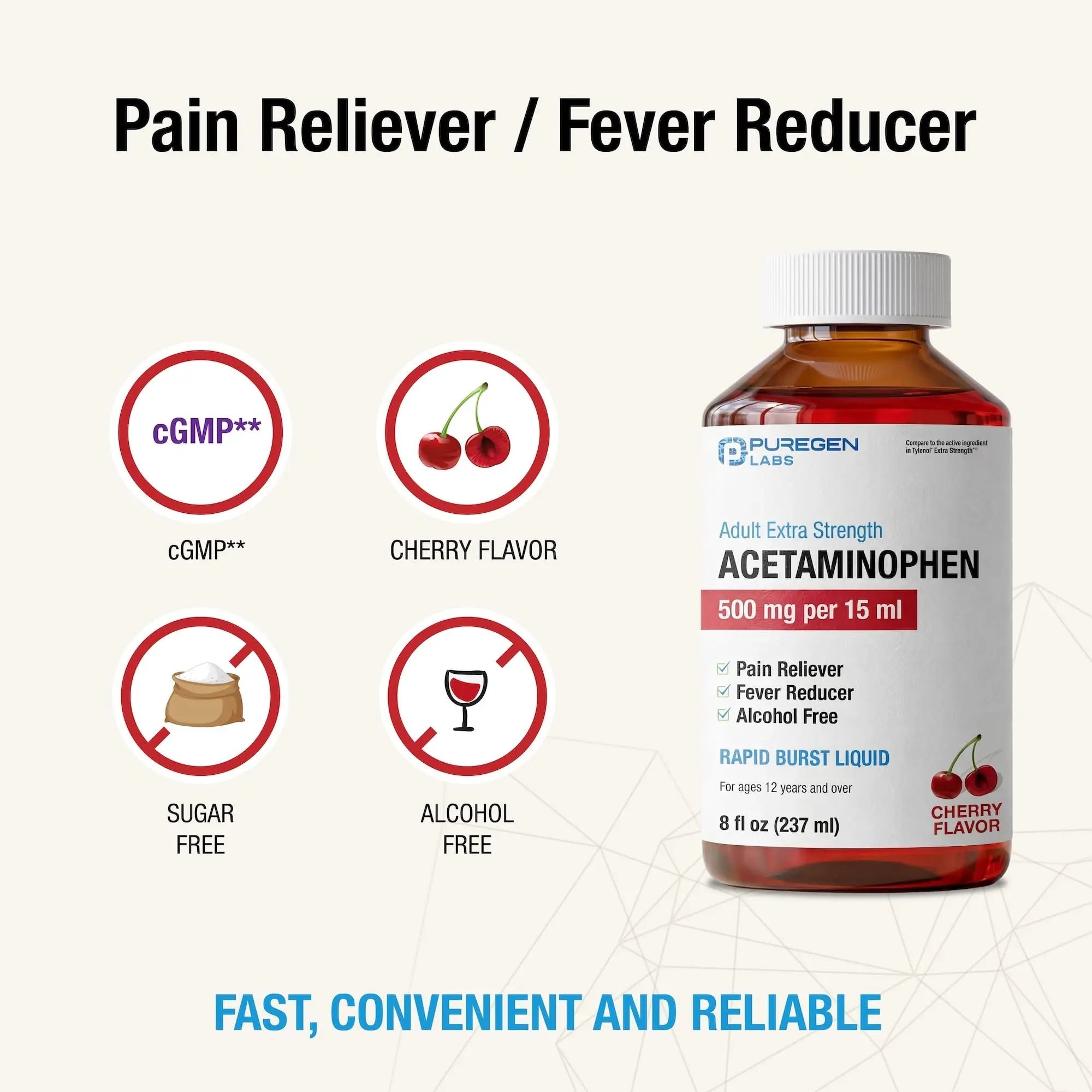 Puregen Labs Adult Extra Strength Acetaminophen Liquid 500mg/15ml - 8 fl oz Rapid Burst Pain Reliever/Fever Reducer, Cherry Flavor | Muscle & Joint Pain Relief | Arthritis Pain Relief P Puregen Labs Au supplements