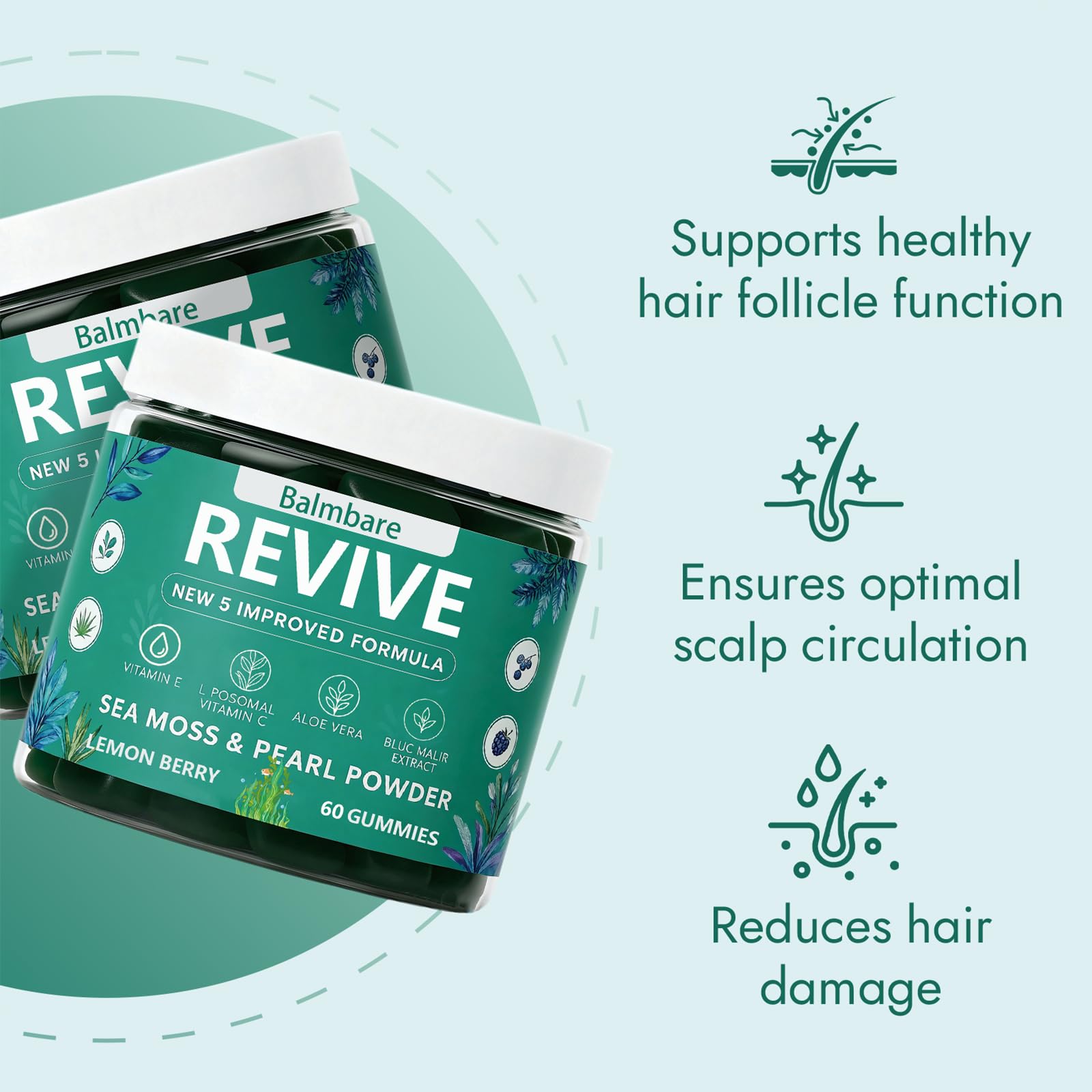 Balmbare Revive Gummies for Hair Loss, with Organic Irish Sea Moss Pearl Powder, Vitamins C & E, Aloe Vera - Supports Healthy Hair, Skin & Nails Growth (1pcs) ReviveNerve Au supplements