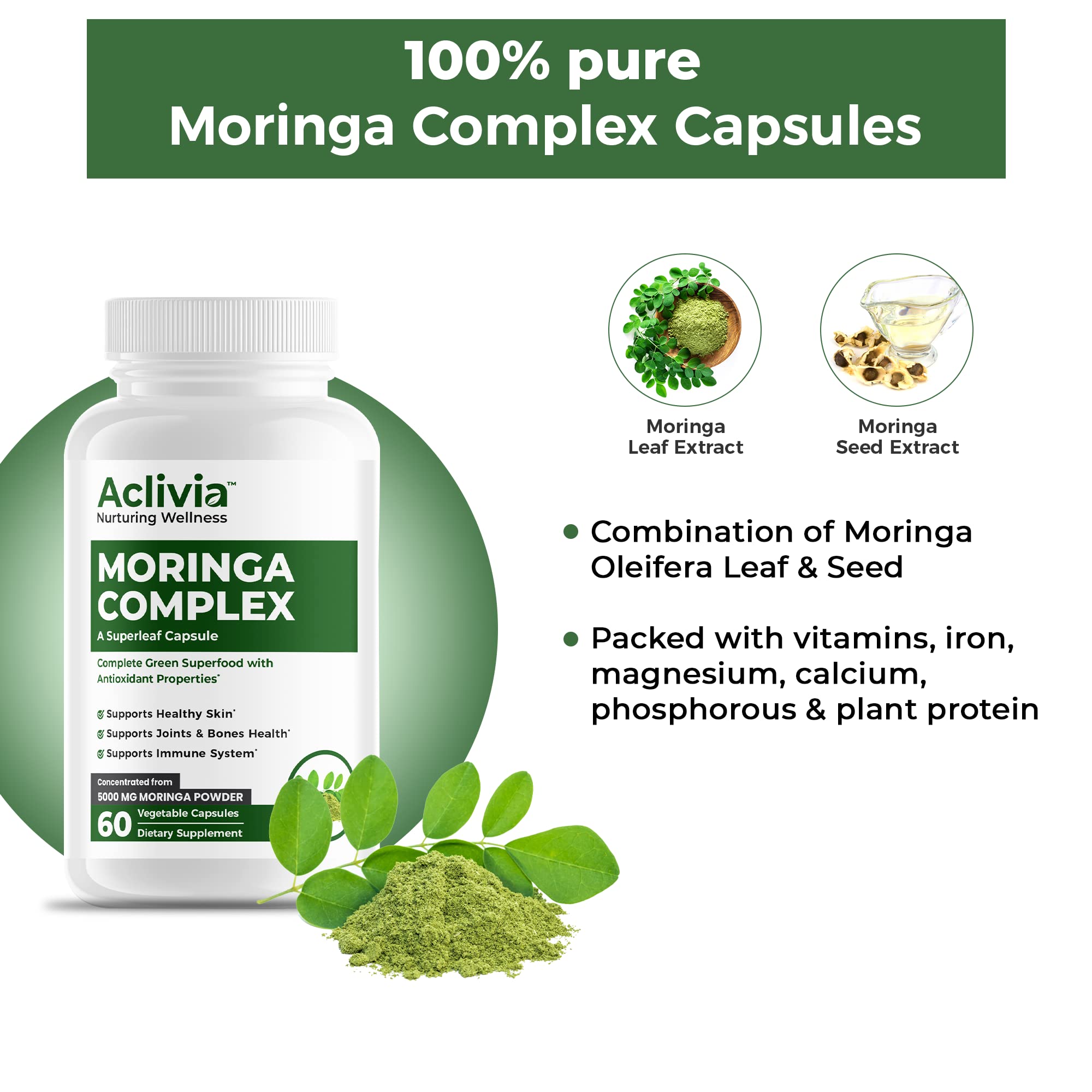 Aclivia - Moringa Complex - Maximum Strength Moringa Oleifera Leaf & Seed Supplement - Superfood Capsules with Antioxidant Properties - 5000mg - 60 Capsules Aclivia Au supplements