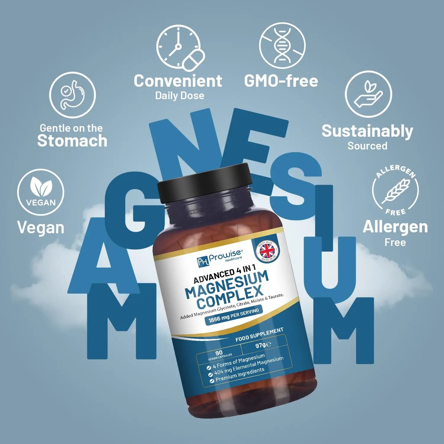 Magnesium Glycinate Complex 4 in 1-1866mg per Serving | Precise 404mg Elemental Magnesium dose | Added Magnesium Glycinate, Citrate, Malate & Taurate | 90 Vegan Capsules - by Prowise PH PROWISE Healthcare Au supplements
