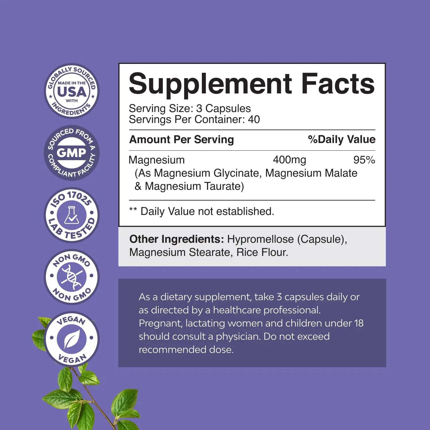 Triple Magnesium Complex Supplement - High Absorption Magnesium Glycinate, Malate & Taurate Blend for Muscles, Energy Support & Heart Health - Triple Mg Complex 400 mg Capsules - 120 Count Natures Craft Au supplements