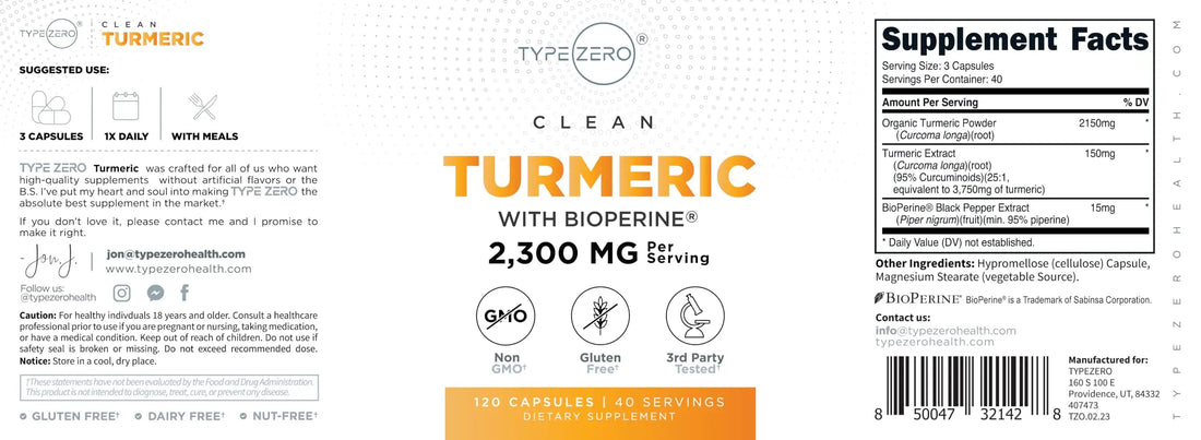 Type Zero Turmeric with Bioperine (120 Capsules) (2300mg per Serving) - GMO Free, Gluten Free, 3rd Party Tested Type Zero Au supplements