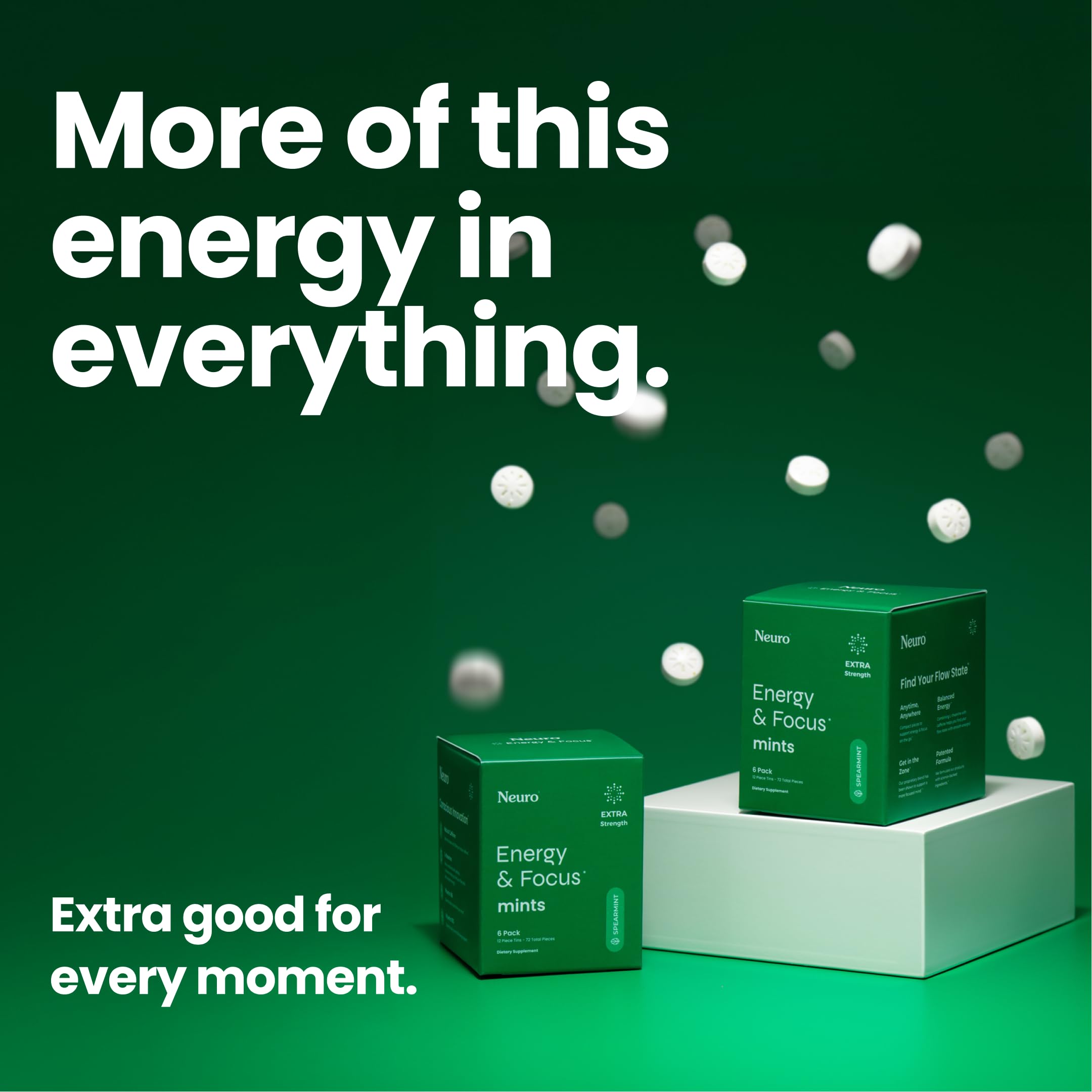Neuro Energy & Focus Mints, Extra Strength - Sugar Free Breath Mints with 100mg Natural Caffeine, B Vitamins & L-Theanine - Vegan Brain Supplement for Exercise, Study & Daily Focus - Spearmint, 72 ct Neuro Au supplements