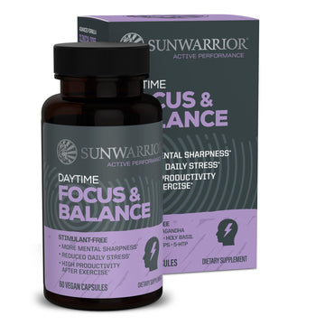 Ashwagandha, Rhodiola, Reishi & 5-HTP for Stress-Free Focus Active Focus & Balance Capsules Caffeine-Free Nootropic for Calm Energy & Mental Clarity, Mood & Immune Support 60 Vegan Capsules Sunwarrior Au supplements