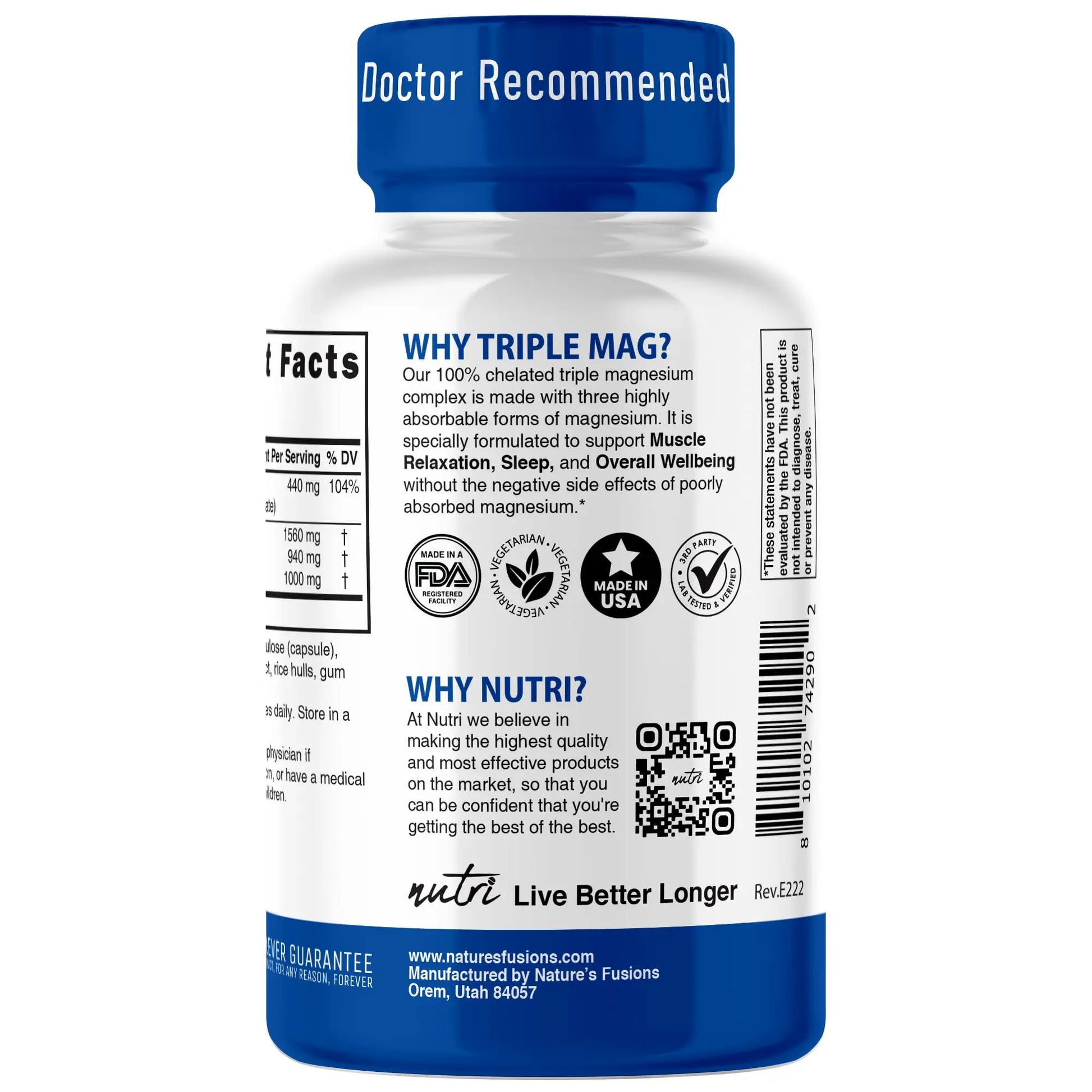 Nutri Triple Magnesium Complex 440mg - Magnesium Glycinate, Malate, & Taurinate - 100% Chelated for Maximum Absorption - 120 Vegan Capsules - Triple Complex Magnesium - Magnesio Triple Complex Nature's Fusions Au supplements