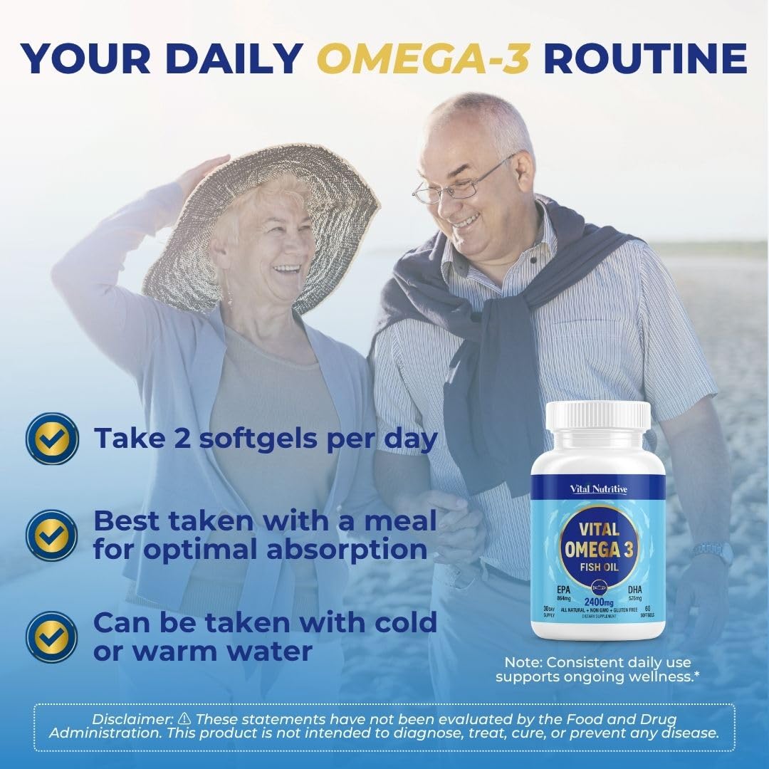 Vital Omega 3 Fish Oil Supplements 2400mg | 864mg EPA & 576mg DHA | 1440mg Total Omega-3 Fatty Acids | Promotes Brain & Heart Health | Non-GMO, Gluten-Free, Sugar-Free | Lemon | 60 Day Servings VITAL NUTRITIVE Au supplements
