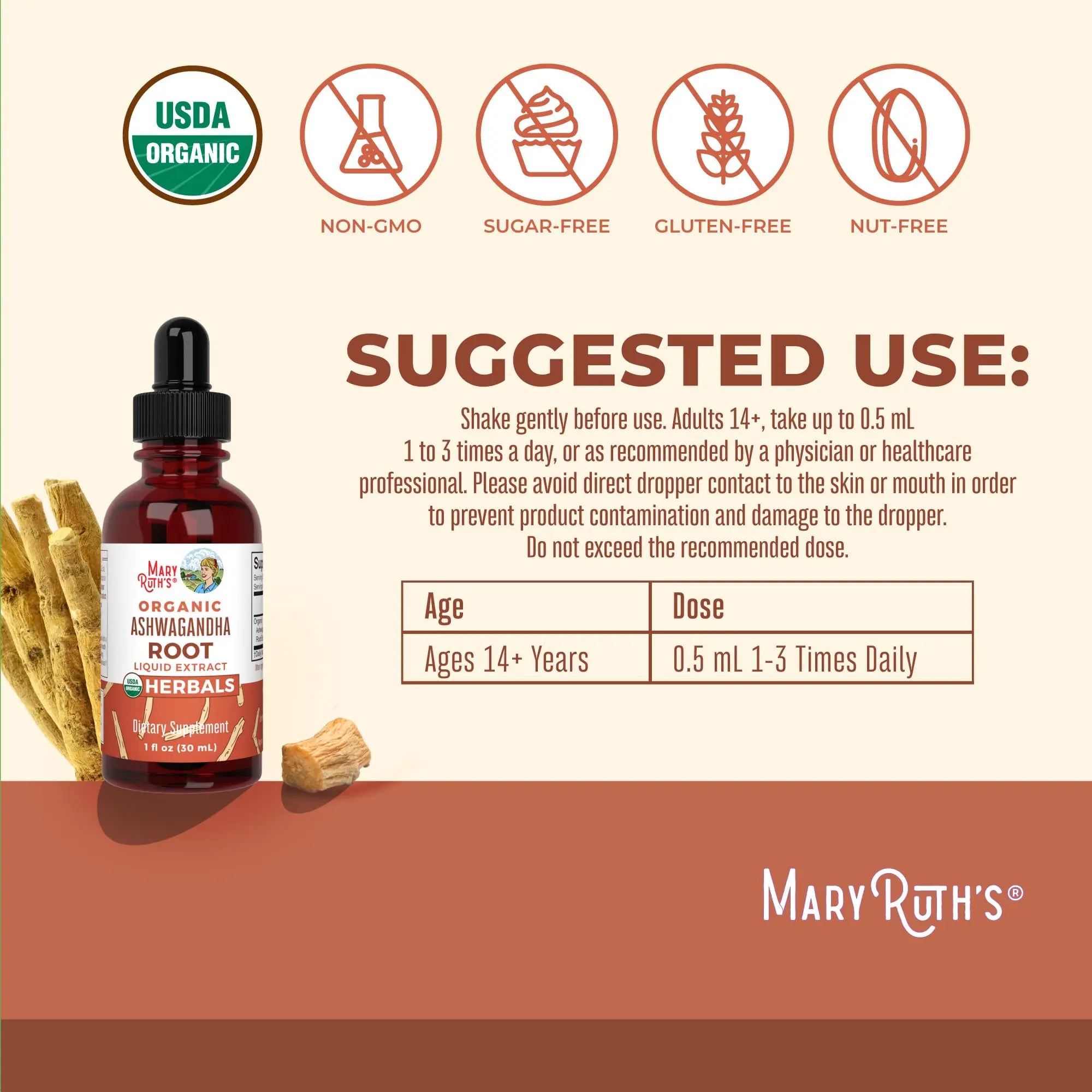 MaryRuth Organics Ashwagandha Root | USDA Organic Ashwagandha Liquid Drops | Stress Relief, Natural Calm, Relaxation and Mood Support Supplement | Adaptogenic | Nervine | Vegan | Non-GMO | 60 Servings MARYRUTH'S Au supplements