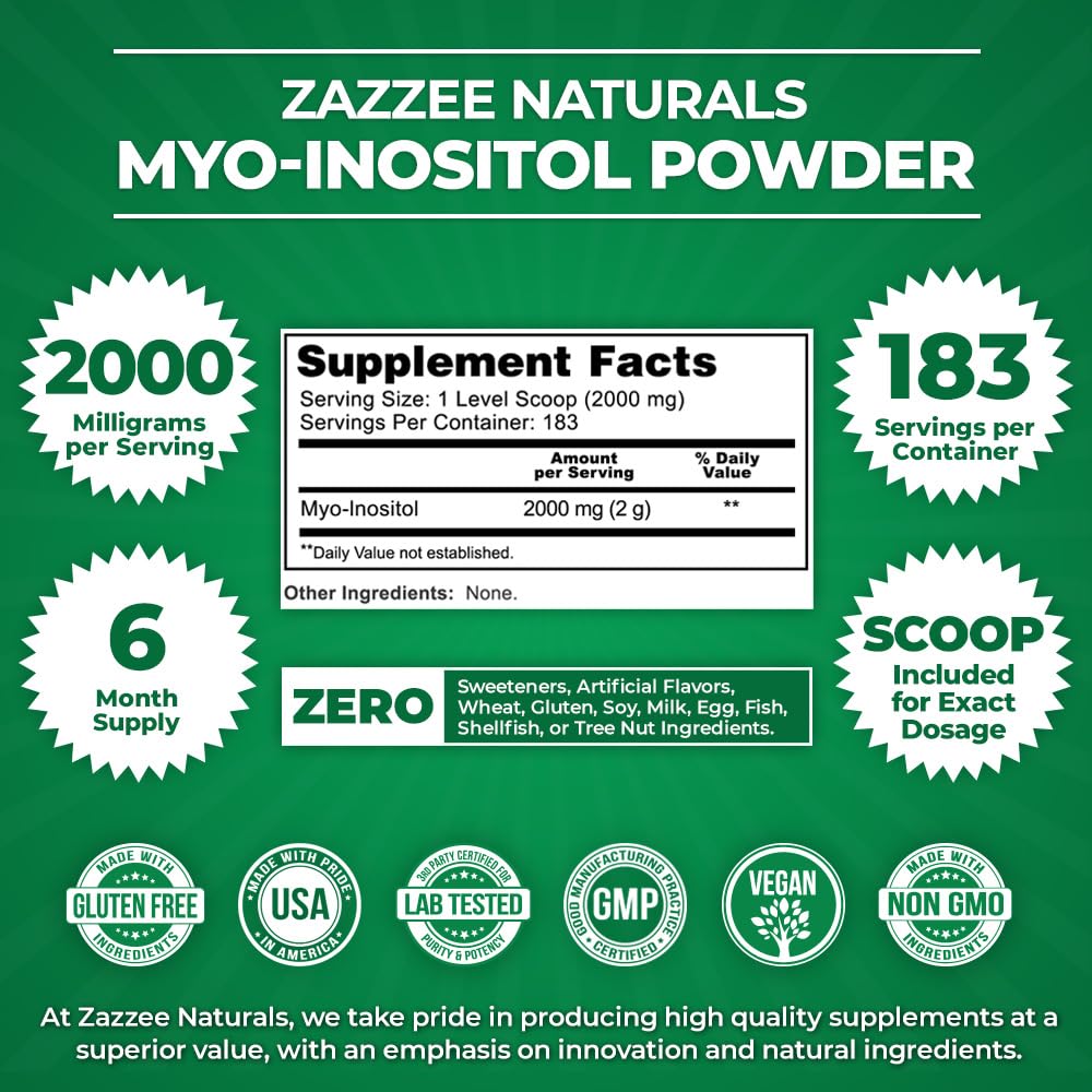 Zazzee Myo-Inositol Powder, 6 Month Supply, 183 Servings, 2000 mg per Serving Zazzee Au supplements