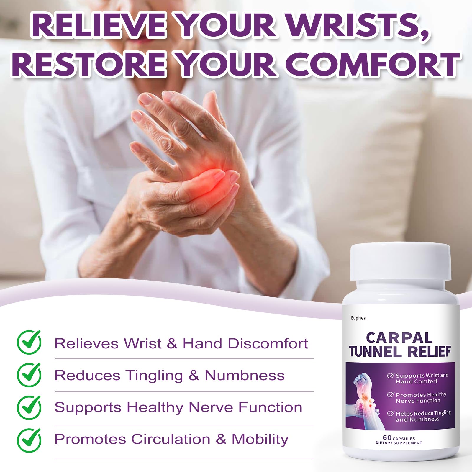 Euphea Carpal Tunnel Relief & Wrist Support Supplement, Helps Ease Tingling & Numbness,Vitamins B6, B12, C, D, K + GABA,60 Capsules Euphea Au supplements