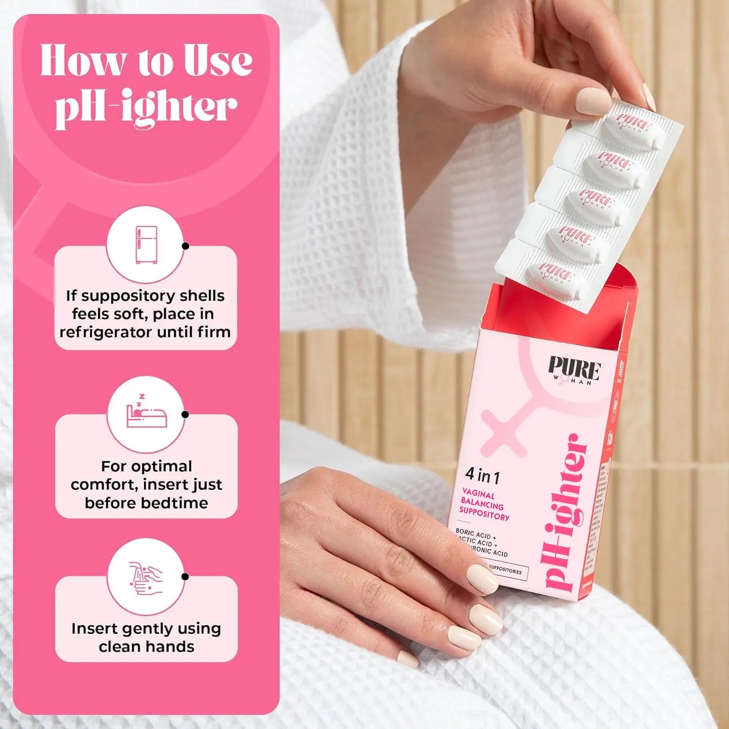 PURE WOMAN - pH-ighter Vaginal Boric Acid Suppositories for Women - Hyaluronic Acid - 4 in 1 Vaginal Suppositories for Discomfort, Dryness, Odor & pH Balance- Full Vaginal Health Care - 10ct PURE WOMAN Au supplements