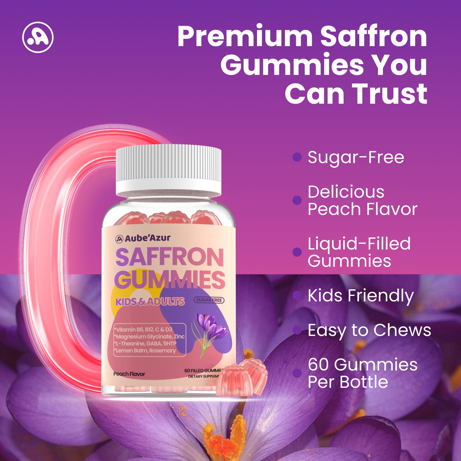 Saffron Gummies for Kids Adults 88.5mg, 15-in-1 Saffron Supplements for Kids, with B6, B12, C, D3, Magnesium Glycinate, Zinc for Nerve, Rest, Focus, Sugar Free, Vegan, Non- GMO, Peach Flavor, 60 Count Aube'Azur Au supplements