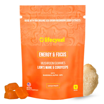 Life Cykel - AM Energy and Focus Mushroom Gummies, 10 Count - Organic Lion's Mane Gummies with Cordyceps, Guarana & Alpha GPC for Mental Clarity, Natural Energy, Endurance & Focus - Lemon Peach Flavor Life Cykel Au supplements