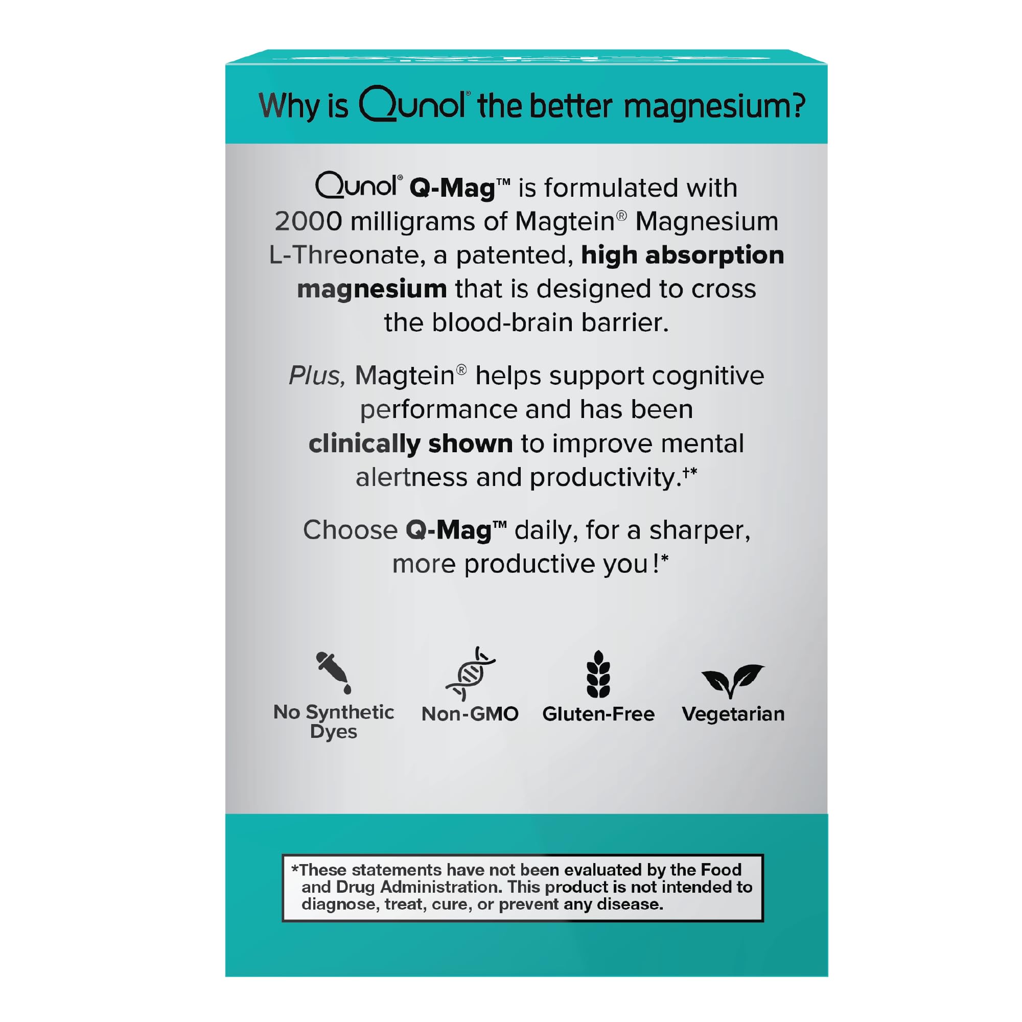 Qunol Q-Mag Magnesium L-Threonate Tablets, 2000mg of Magtein to Help Support Cognitive Performance, Improve Mental Alertness & Productivity, Supports Restful Sleep, High Absorption, 60 Count Qunol Au supplements
