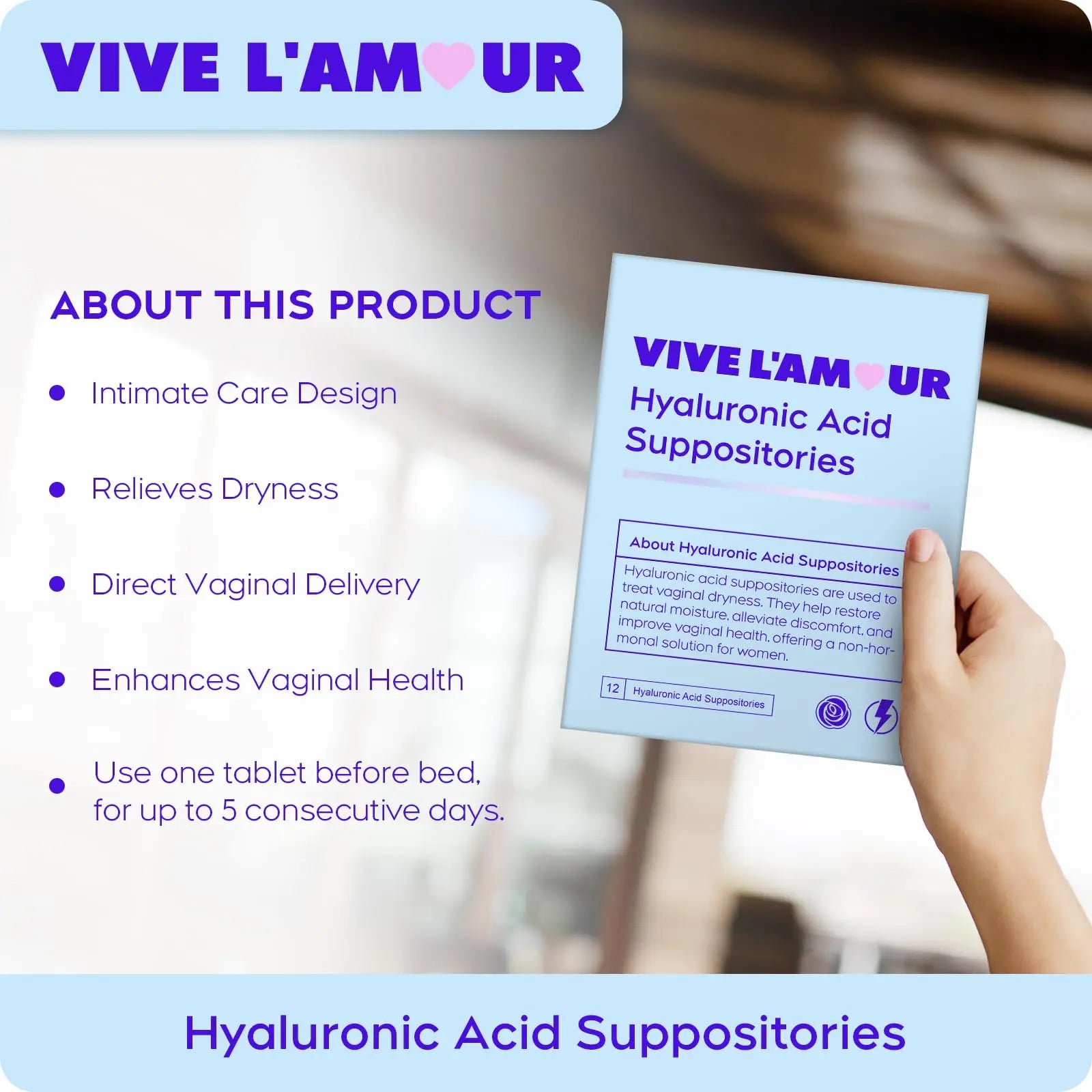 Vive L'Amour 15mg Hyaluronic Acid Vaginal Suppositories (2-Pack, 24 Count), Vaginal Moisturizer, Continuous Hydration, Relieves Vaginal Dryness, Restores Natural Softness & Elasticity, Vaginal Health Vive L'Amour Au supplements