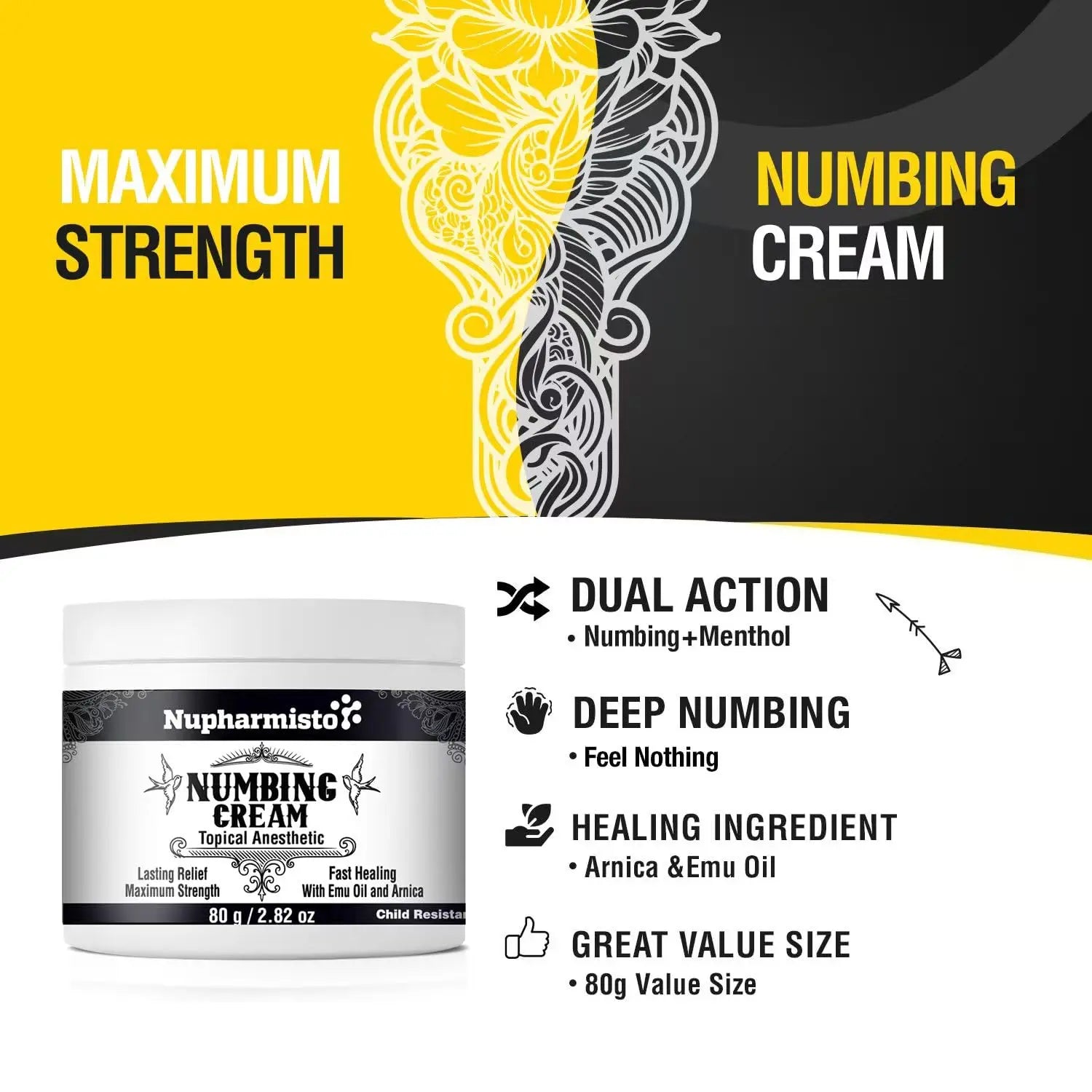 Nupharmisto Numbing Cream Maximum Strength : Long Lasting Numbing Cream with 5X Numbing - Emu Oil and Arnica 80 g / 2.82 oz Nupharmisto Au supplements
