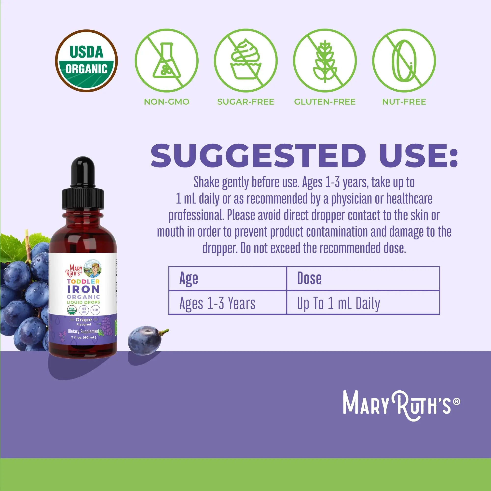 MaryRuth's Iron Supplement for Toddlers | Liquid Iron Supplement for Children Ages 1-3 | Iron Supplement for Iron Deficiency | Ferrochel | Sugar Free | Vegan | Non-GMO | Gluten Free | 2 Fl Oz MARYRUTH'S Au supplements