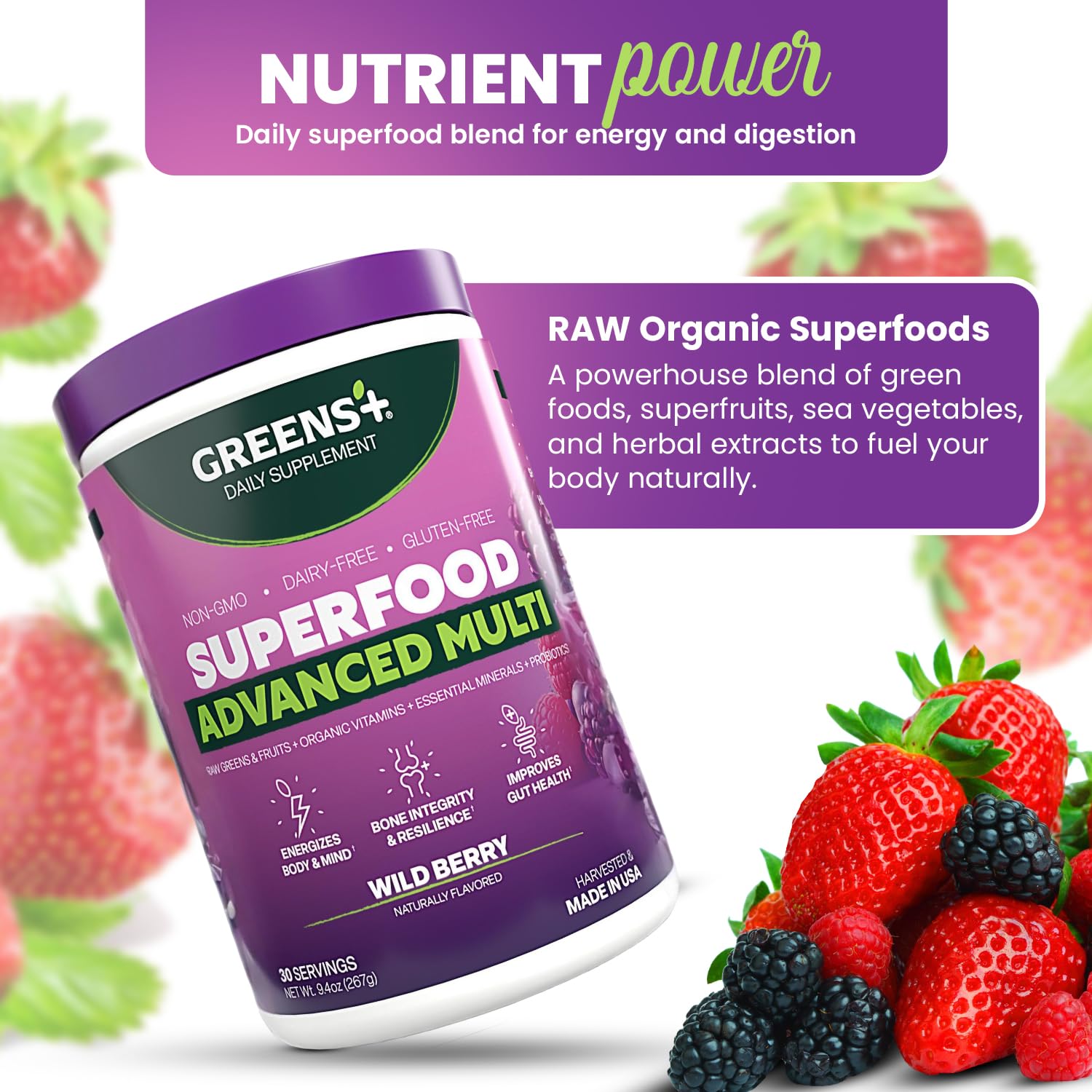 Greens+ Advanced Multi Wild Berry Superfood Powder, Organic Blend, Vegan, Non-GMO, Soy-Free, Dairy-Free, Gluten-Free, Dietary Supplement with Vitamins & Minerals, 9.4 oz Greens+ Au supplements