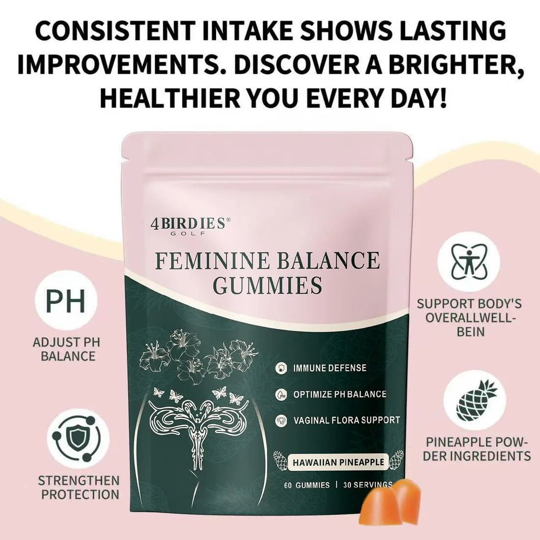 4 BIRDIES GOLF Premium Feminine Balance Gummies for Women's Health, Hawaiian Pineapple Gummies for Women Vaginal Probiotic & pH Balance Support - Vegan - Healthy Odor - Gluten-Free - 60 Count 4 BIRDIES GOLF Au supplements