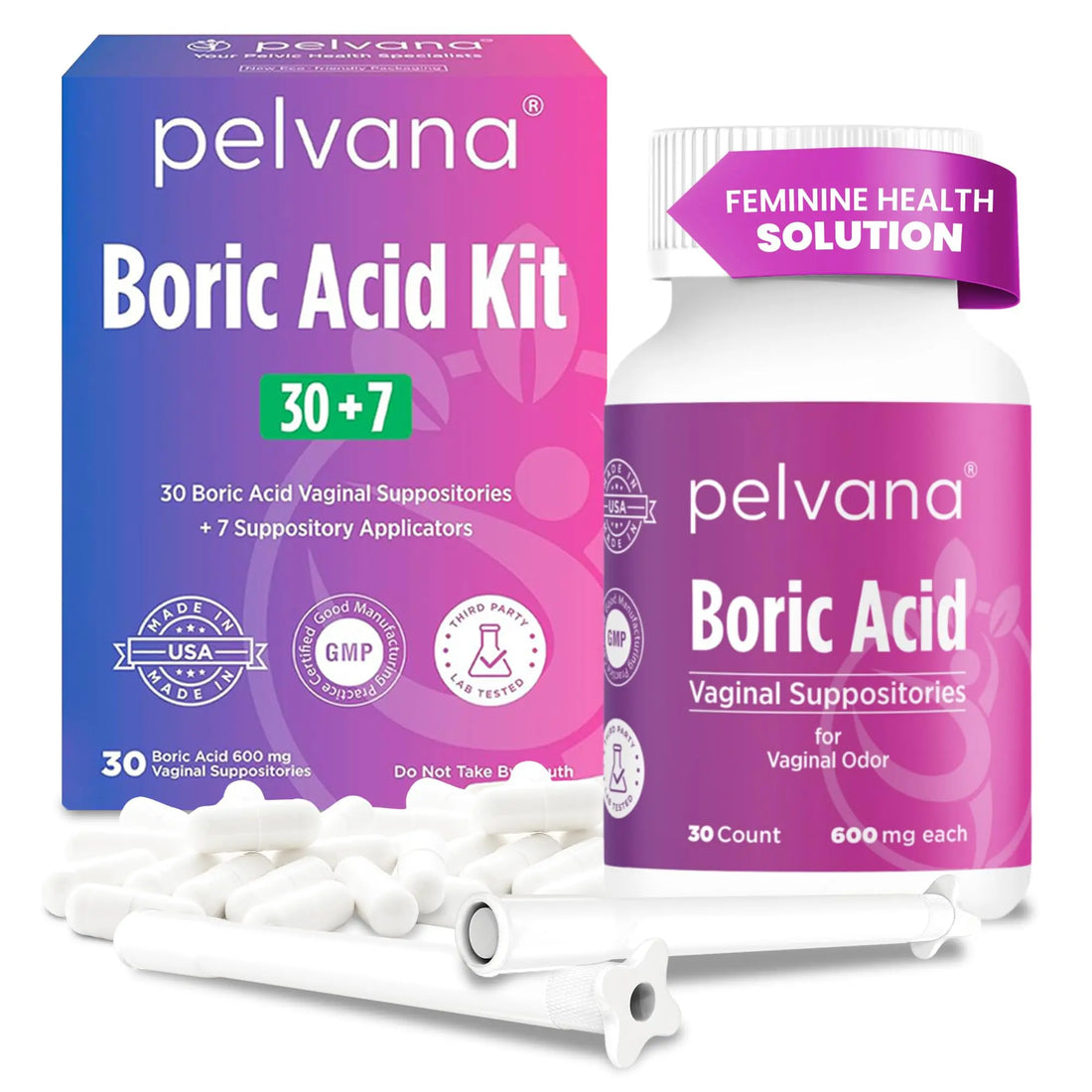 Pelvana Boric Acid Suppositories for Women - 30 Count + 7 Applicators - 600mg Boric Acid Capsules for Vaginal Odor Use Pelvana Au supplements