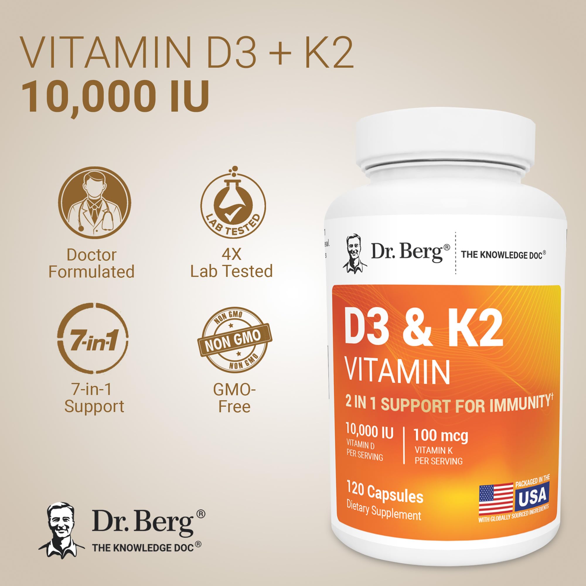 Dr. Berg Vitamin D3 & K2 10,000 IU + MK-7 – 120 Capsules – Immune, Bone & Heart Support* Supplement w/Magnesium, Zinc, B6 – 4X Lab-Tested – No Fillers – Non-GMO, cGMP, Formulated in USA Dr. Berg Nutritionals Au supplements