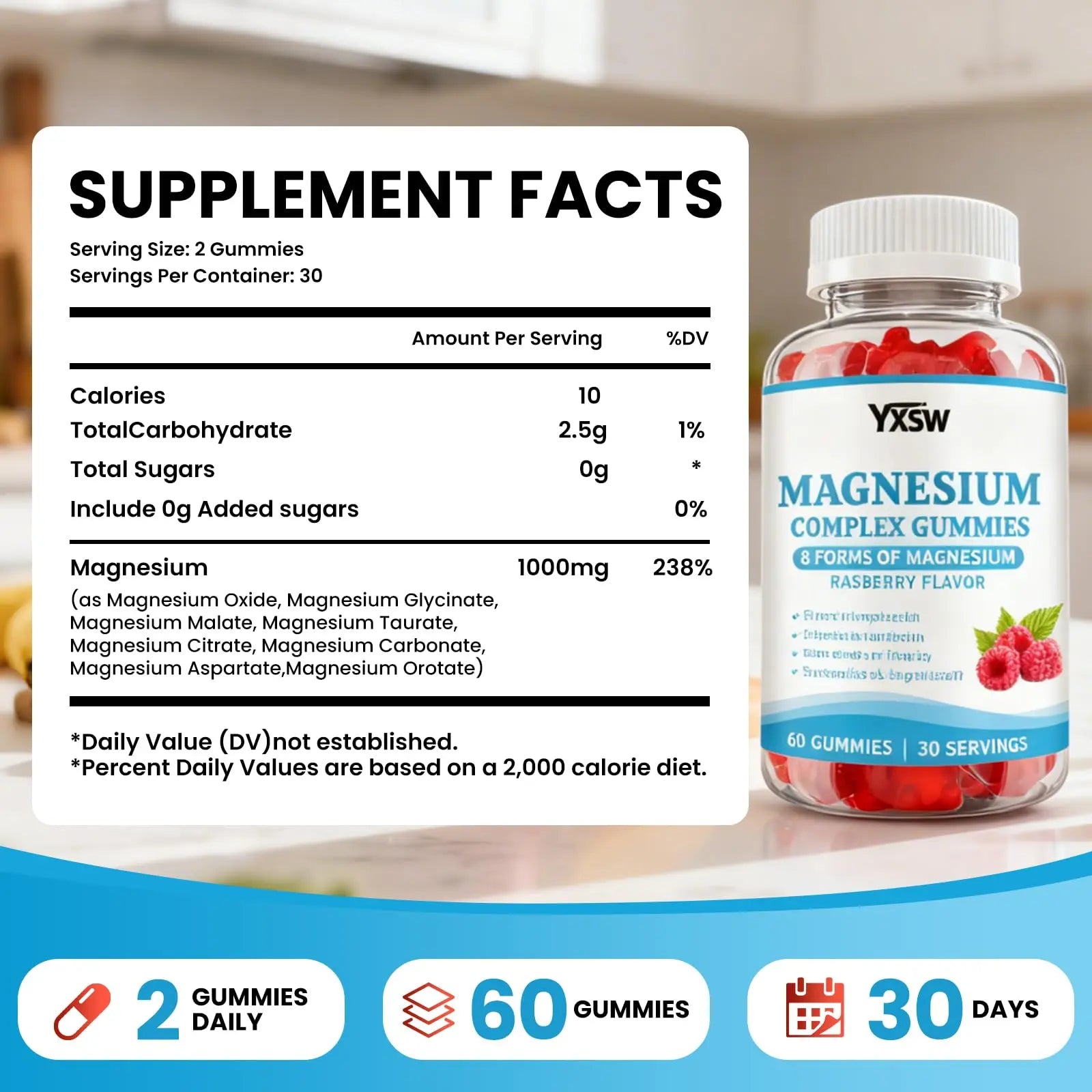 Magnesium Complex Gummies 8 Elemental 1000mg - Magnesium Glycinate, Citrate, Malate, Taurate, Supports Bones, Muscle, Nerve Health, for Women & Men, Vegan Non-GMO, Raspberry Flavor, 60 Count YXSW Au supplements