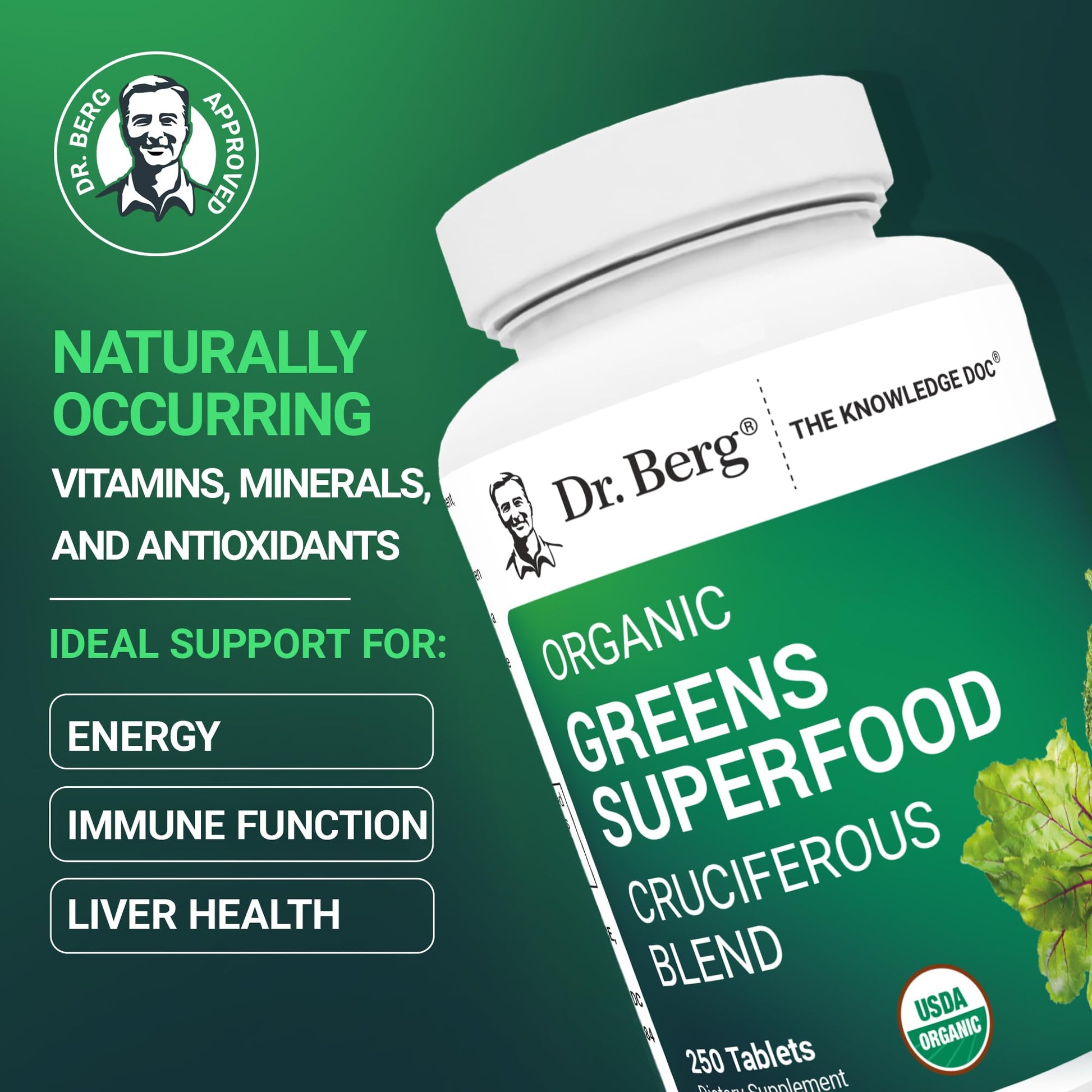 Dr. Berg's Greens Superfood Cruciferous Vegetable Tablets - Vegetable Supplements for Adults w/ 11 Phytonutrient Super Greens Tablets - Energy, Immune System & Liver Veggie Tablets - 250 Tablets Dr. Berg Nutritionals Au supplements