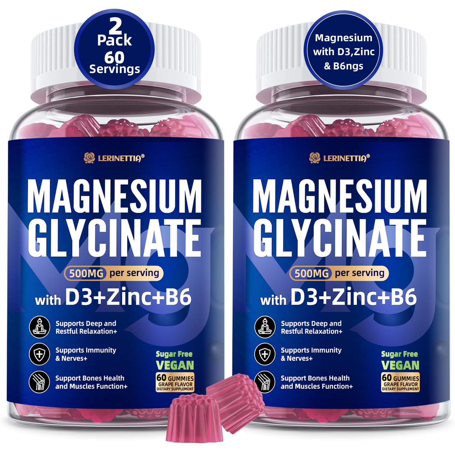 Magnesium Glycinate 500mg/250mg for Adults Teens - Plus D3,B6 & Zinc - Magnesium Glycinate Gummies,High Absorption - Support for Relaxation,Brain,Bone & Immunity Health - Sugar Free - 120Cts Lerinettia Au supplements