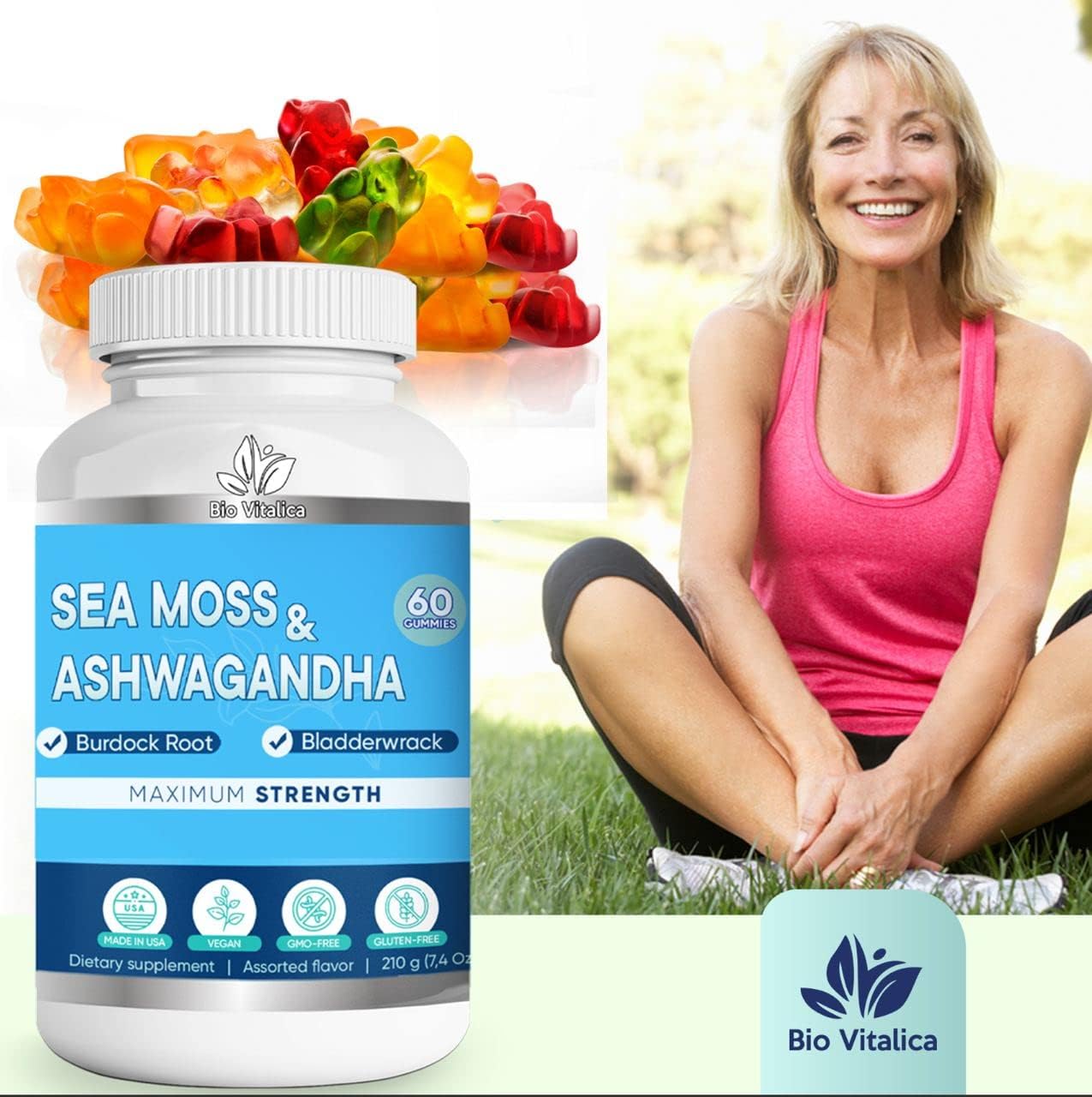 BIO VITALICA Sea Moss Ashwagandha Gummies - Organic Irish Seamoss & Ashwagandha Root Supplements for Supporting Energy for Men & Women, 60 Vegan Gummies BIO VITALICA Au supplements