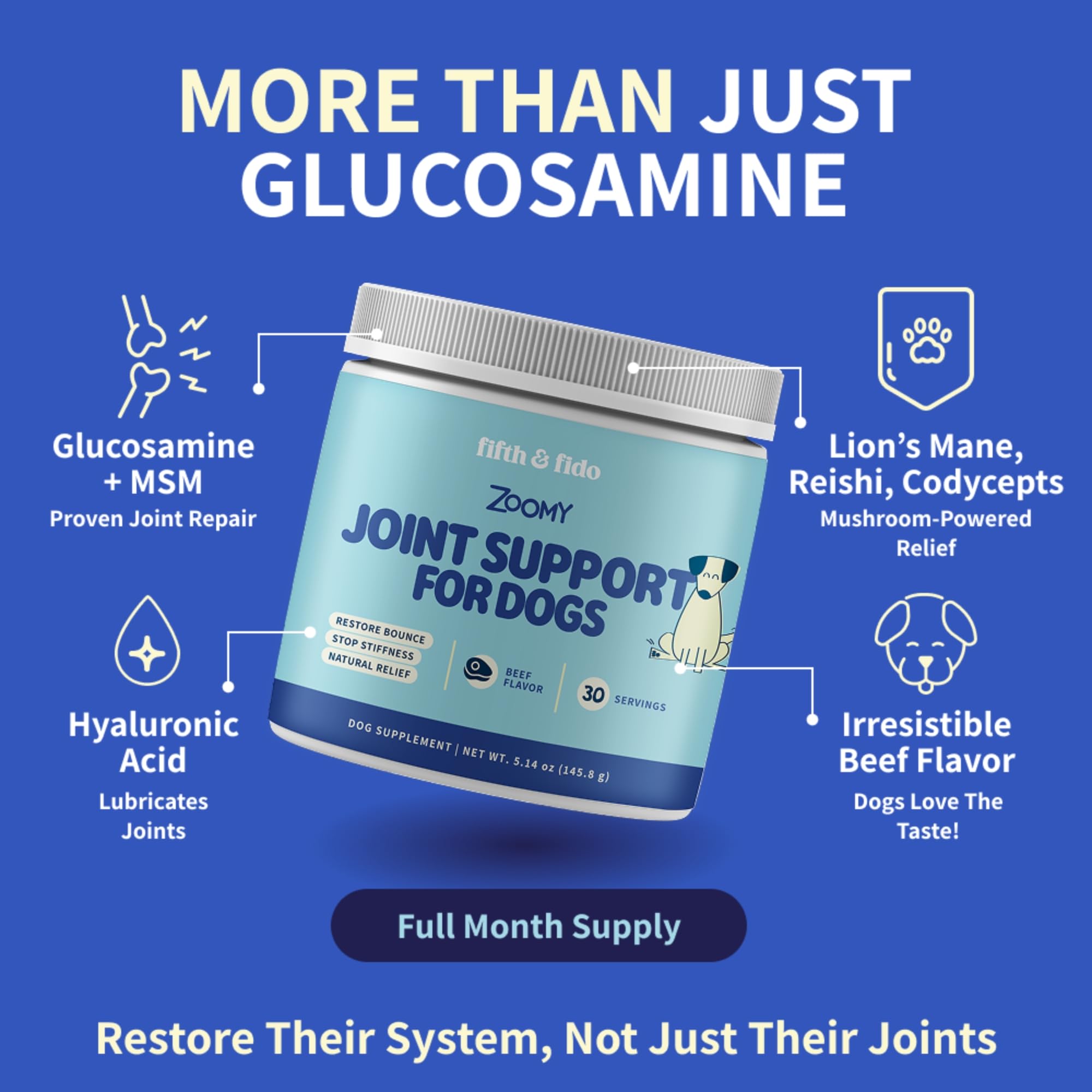 Fifth & Fido Joint Supplement for Dogs - Glucosamine for Dogs - Pet Vitamins and Supplements Powder with Chondroitin & MSM - Hip & Joint Support for Mobility, Stiffness & Flexibility - Mushroom Blend Fifth & Fido Au supplements