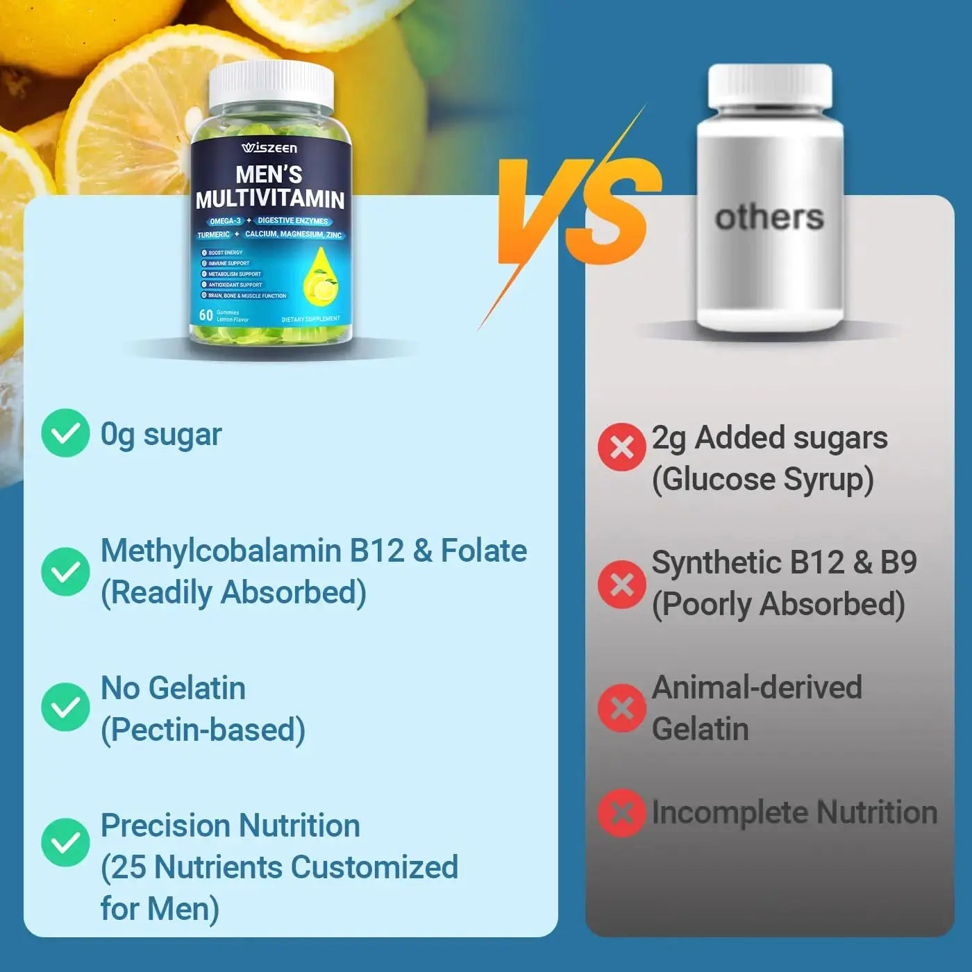 Mens Multivitamins Gummies, Methylated Multivitamin with Vitamins A C D K E, B Complex, Omega-3, Digestive Enzymes, Lycopene Wiszeen Au supplements