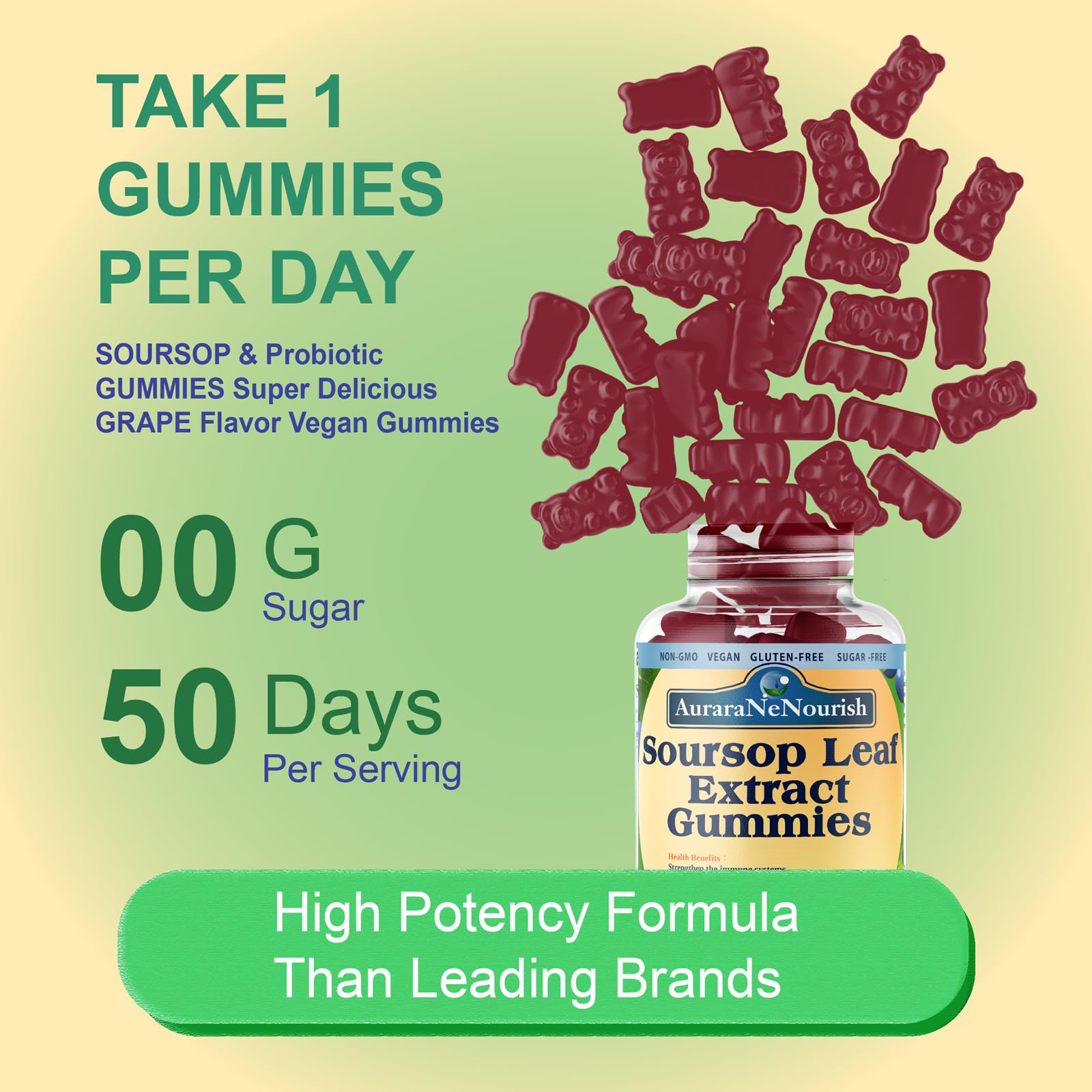 AuraraNeNourish Sugar Free Soursop Gummies with Probiotics & Fiber 100 Billion CFUs, Organic Soursop Leave Extract with Vitamin C B-Complex for Digestive Gut Health, Energy Balance, Immune Boost AuraraNeNourish Au supplements