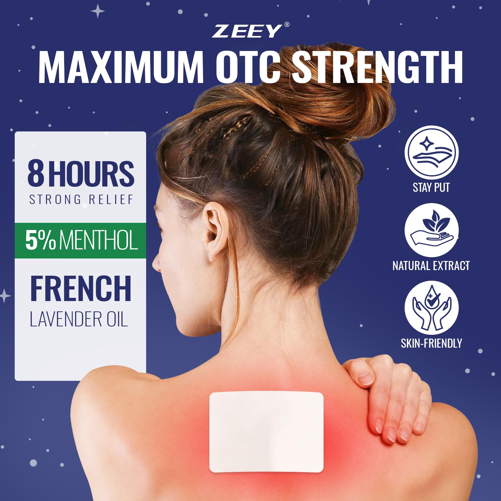 ZEEY 5% Menthol Overnight Pain Relief Patches, French Lavender Oil Pain Patch for Back, Knee, Neck, Shoulders, Joints, Muscle Soreness, Fast Acting, Topical Analgesic, Gel Patch, 3.94" x 2.76", 5Ct ZEEY Au supplements